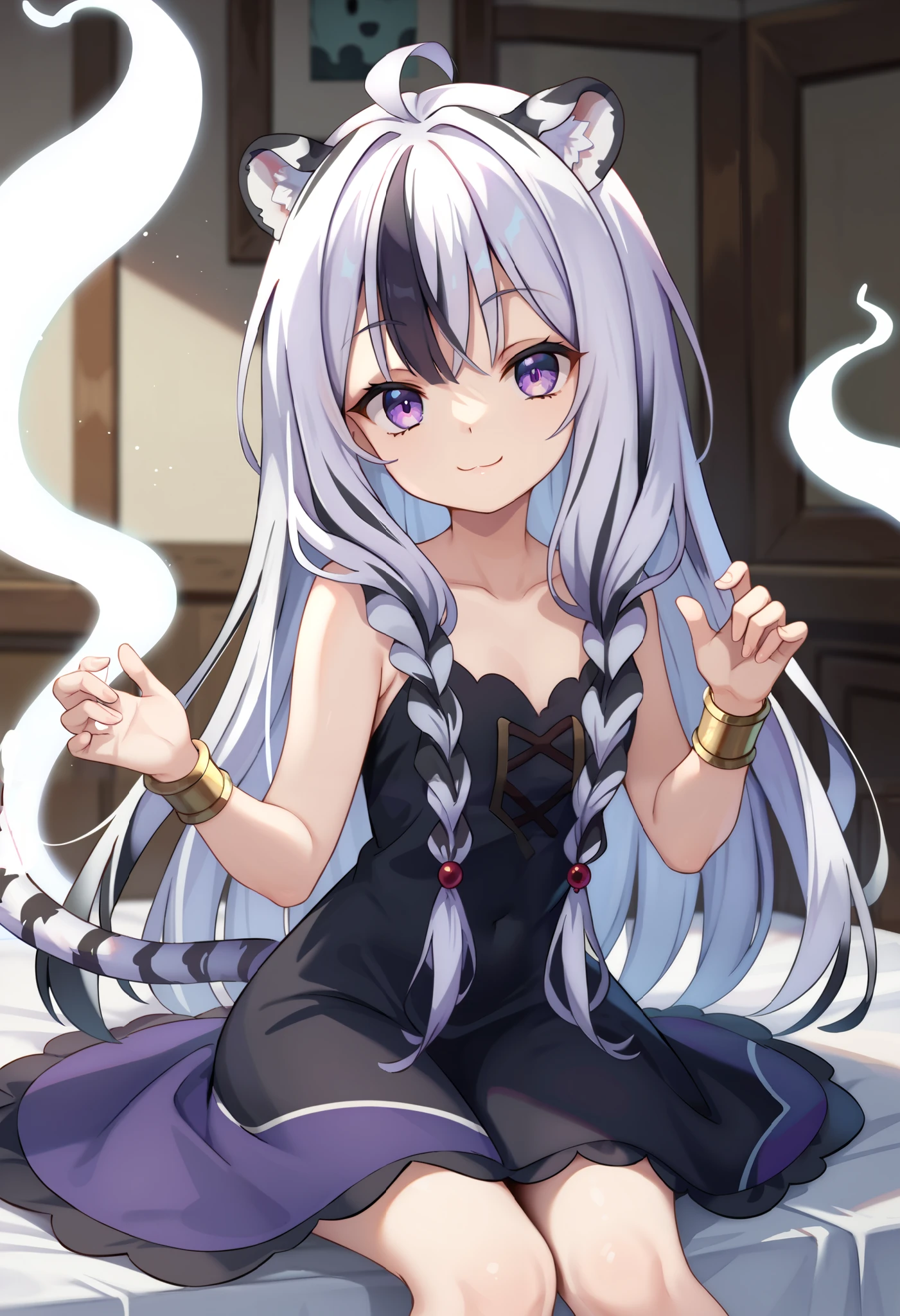 1girl, solo, long hair, white hair, black hair, multicolored hair, white tiger ears, white tiger tail, sitting, looking at viewer, purple dress, black dress, multicolored dress, bracelets, purple eyes, half-lidded eyes, smile, ghost patterns, ((patterns on dress)), ghost themed outfit, messy hair, spooky dress.