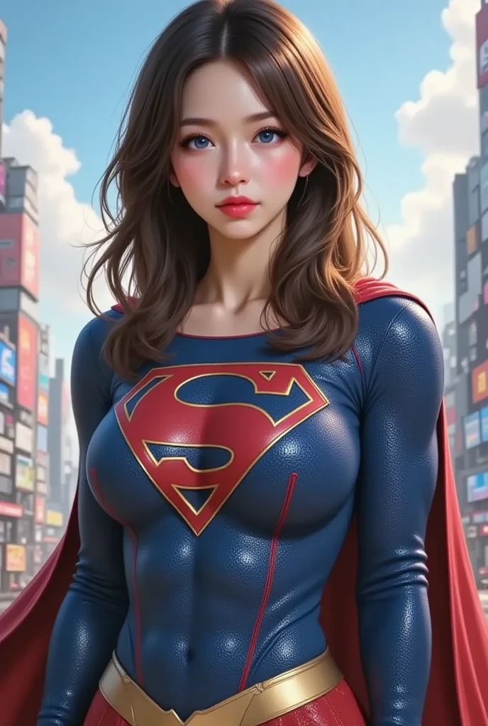 FULL VIEW OF A LIGHT BLUE EYED ASIAN SUPERGIRL, WEARING A SUPERGIRL COSTUME AND CAPE, STANDING POSE, streaked hair, BLUE eyes, colored eyelashes, puckered lips, textured skin, super detail, high details, high quality, best quality, 4K, 8k. TOKYO BACKGROUND.