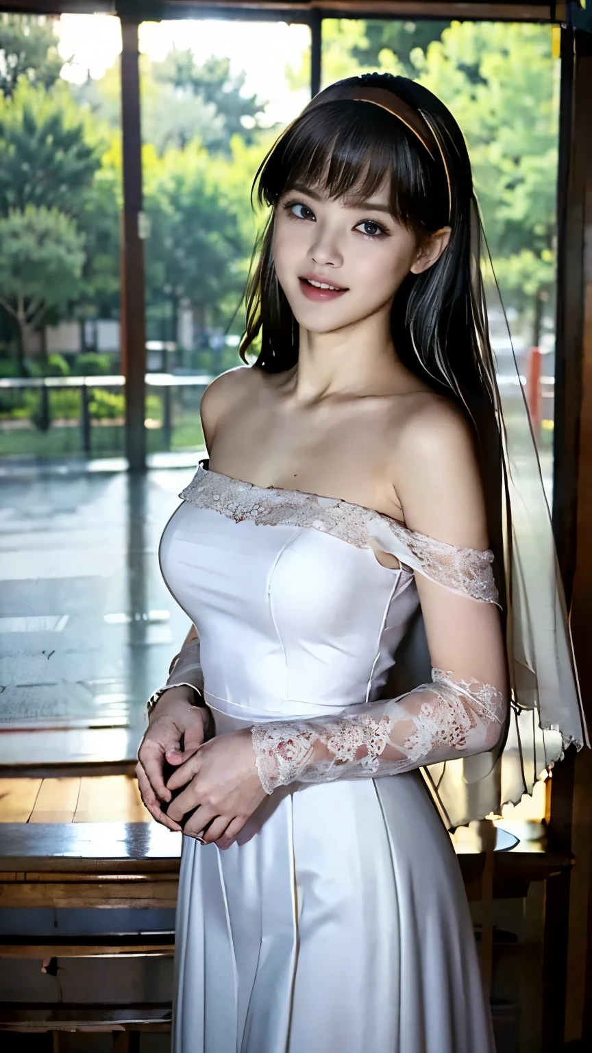 ((Mature woman standng in a garden)),((wedding dress:1.2)). 40k, Photography, masutepiece, Best Quality, dark grey background, ((Mature Women, waifu, mami, A MILF)), ((voluptuous breasts)), Perfect face, perfect , ((Two_girl with brown eyes and gorgeous bright black hair)). a Pretty Japanese woman,wet hair look, completely soft chest and white skin,, ((Very soft breasts)). Ultra-detailed face, Detailed eyes, looking into camera, embarrassed, Smile, closed lips, closed mouth, closed lips, no teeth, nightime, smooth light on face, vivid