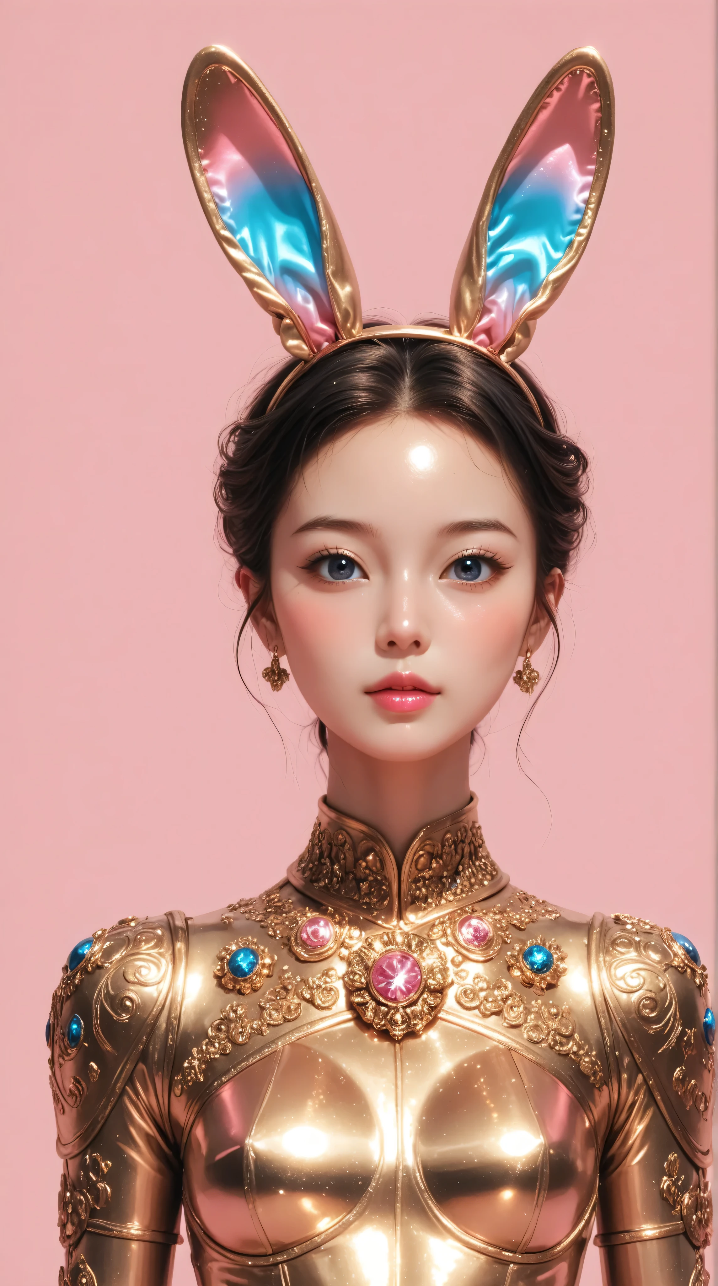 Kizi girl，Highly detailed, Amazing work，Vitreous luster,((clean backdrop))，In gold，(((pink)))，blues，Best quality at best，clean backdrop, shiny skin, ((best quality)), ((masterpiece)), (detailed), perfect anime, young korean bunnygirl, portrait, surreal, in the illustrative style of moebius, spaceships, aliens, fantasy, sci-fi, graphic novel, line drawing, french retro, extravagant, ornate, royal clothing, regal, aristocrat, colorful background, 