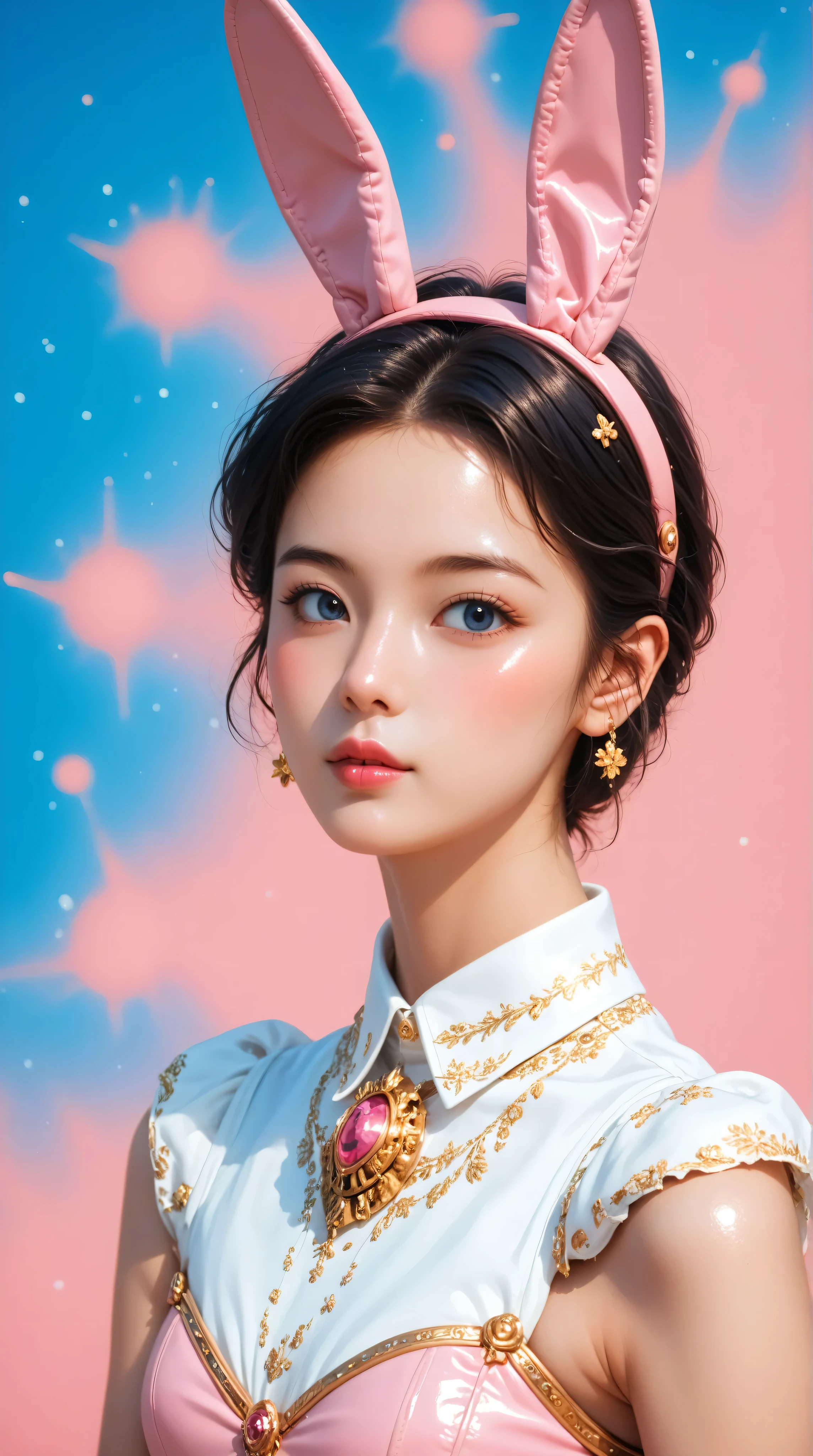 Kizi girl，Highly detailed, Amazing work，Vitreous luster,((clean backdrop))，In gold，(((pink)))，blues，Best quality at best，clean backdrop, shiny skin, ((best quality)), ((masterpiece)), (detailed), perfect anime, young korean bunnygirl, portrait, surreal, in the illustrative style of moebius, spaceships, aliens, fantasy, sci-fi, graphic novel, line drawing, french retro, extravagant, ornate, royal clothing, regal, aristocrat, colorful background, 