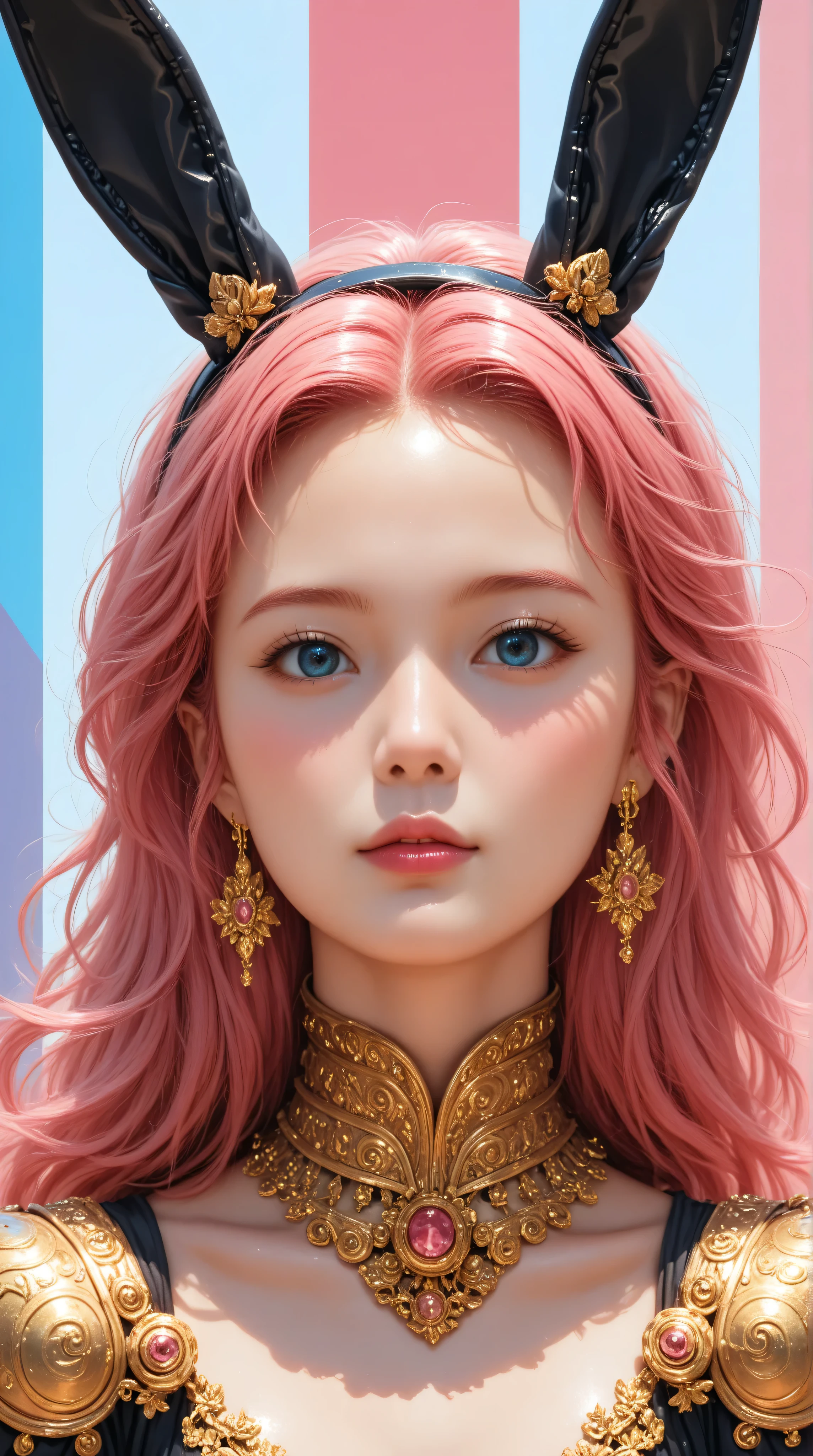 Kizi girl，Highly detailed, Amazing work，Vitreous luster,((clean backdrop))，In gold，(((pink)))，blues，Best quality at best，clean backdrop, shiny skin, ((best quality)), ((masterpiece)), (detailed), perfect anime, young korean bunnygirl, portrait, surreal, in the illustrative style of moebius, spaceships, aliens, fantasy, sci-fi, graphic novel, line drawing, french retro, extravagant, ornate, royal clothing, regal, aristocrat, colorful background, 