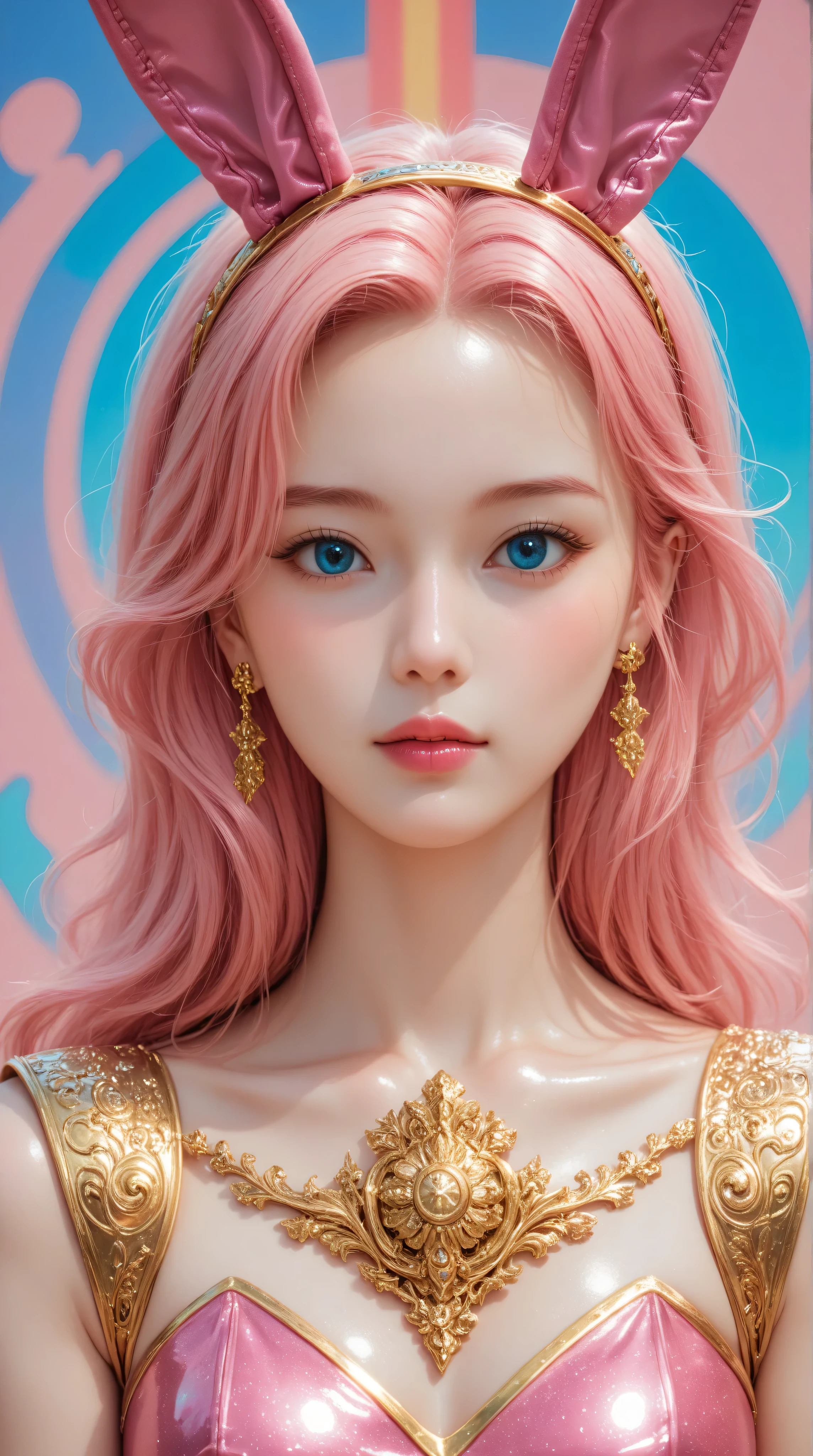 Kizi girl，Highly detailed, Amazing work，Vitreous luster,((clean backdrop))，In gold，(((pink)))，blues，Best quality at best，clean backdrop, shiny skin, ((best quality)), ((masterpiece)), (detailed), perfect anime, young korean bunnygirl, portrait, surreal, in the illustrative style of moebius, spaceships, aliens, fantasy, sci-fi, graphic novel, line drawing, french retro, extravagant, ornate, royal clothing, regal, aristocrat, colorful background, 