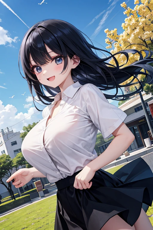 disorganized, High resolution, highest quality, 扇Wind機, 1 girl, seiza, oversized clothes, blue eyes, Wind, Wind lift, black hair, long hair, open your mouth, indoors, Sweat, big breasts, uniform, floating hair, dull bangs