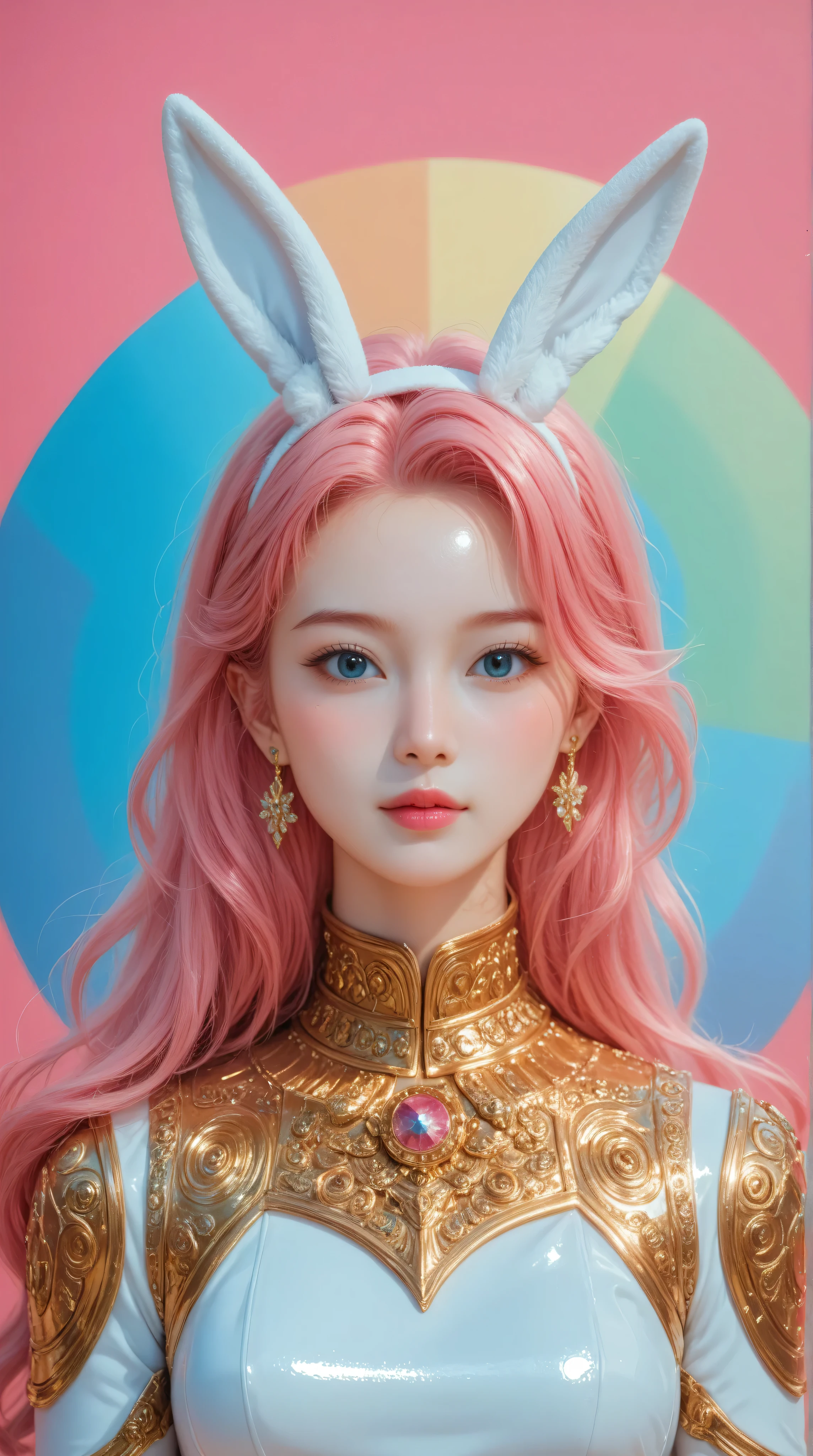 Kizi girl，Highly detailed, Amazing work，Vitreous luster,((clean backdrop))，In gold，(((pink)))，blues，Best quality at best，clean backdrop, shiny skin, ((best quality)), ((masterpiece)), (detailed), perfect anime, young korean bunnygirl, portrait, surreal, in the illustrative style of moebius, spaceships, aliens, fantasy, sci-fi, graphic novel, line drawing, french retro, extravagant, ornate, royal clothing, regal, aristocrat, colorful background, 