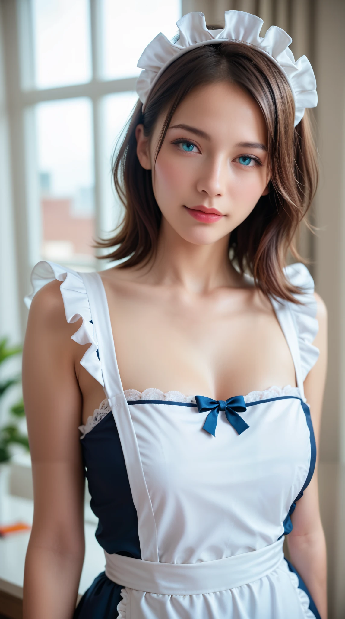 photorealistic, (4k), (upper body), depth of field, (Masterpiece), (realistic skin texture), highly detailed, intricate, highly detailed, professional photography, bokeh, high resolution, sharp detail, best quality, girl, hair aqua, medium hair, blue eyes, aqua maid dress, maid headdress, frills, apron, standing,
