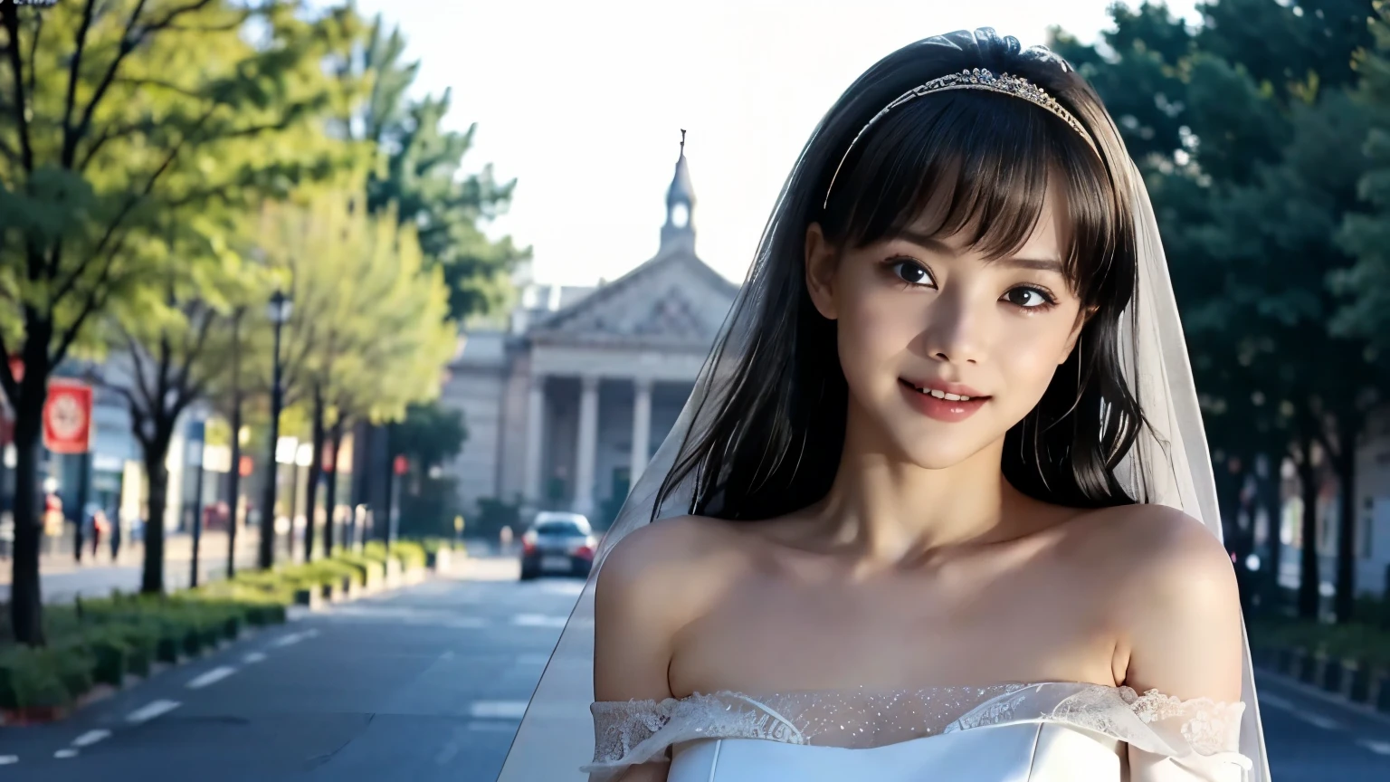 (8k、 RAW photos、 best quality 、Masterpiece:1.2)、( realistic、 realistic)、 1 girl、(( off-shoulder wedding dresses、Veil、Chapel、 short bob with sisters、 front view、smile、 Looking at the Camera 、smile、stand))、 cute、 big breasts