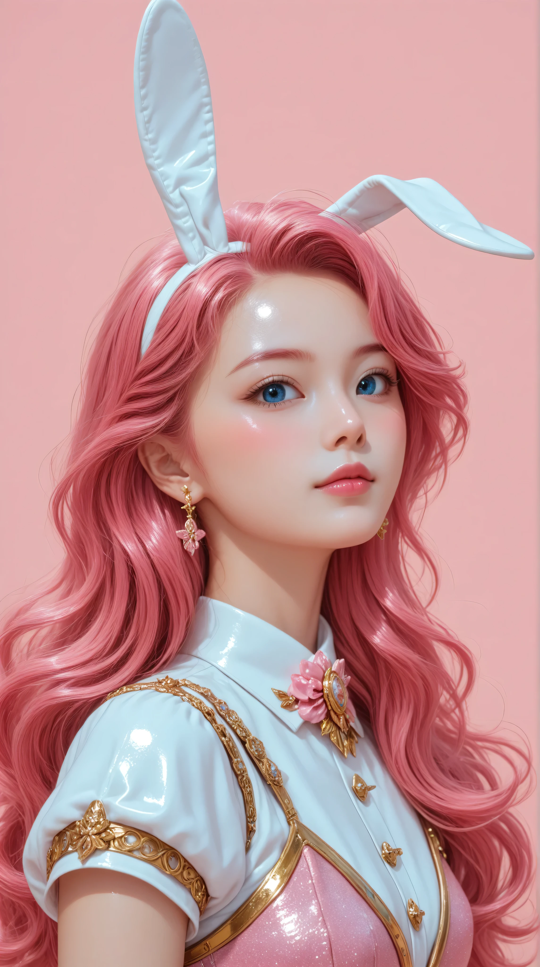 Kizi girl,Highly detailed, Amazing work,Vitreous luster,((clean backdrop)),In gold,(((pink))),blues,Best quality at best,clean backdrop, shiny skin, ((best quality)), ((masterpiece)), (detailed), perfect anime, young korean bunnygirl, portrait, surreal, in the illustrative style of moebius, spaceships, aliens, fantasy, sci-fi, graphic novel, line drawing, french retro, extravagant, ornate, royal clothing, regal, aristocrat, colorful background,