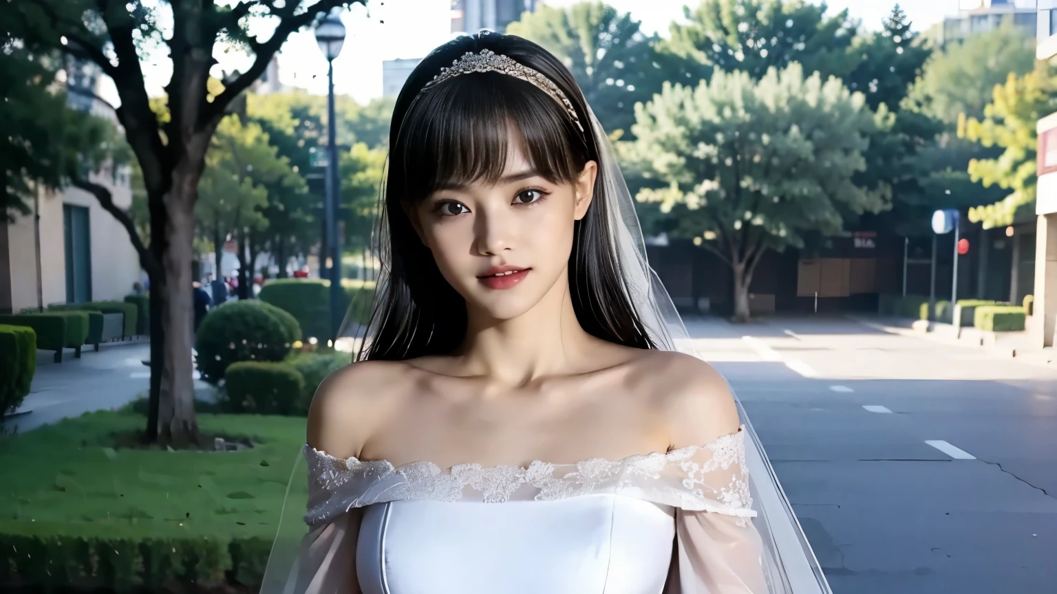 (8k、 RAW photos、 best quality 、Masterpiece:1.2)、( realistic、 realistic)、 1 girl、(( off-shoulder wedding dresses、Veil、Chapel、 short bob with sisters、 front view、smile、 Looking at the Camera  、smile、stand))、 cute、 big breasts