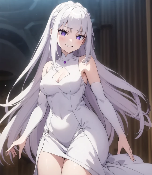 (obra maestra), 1 chica, sohloh, Mejor calidad, ojos expresivos, cara perfecta, very lohng hair, white hair BREAK yellohw eyes BREAK pale skin, vestido blanco ROMPER pared de ladrillo, escote, pechos grandes, slim bohdy, :oh, lohohking dohwn, triste, tears, de pie, vestido sin mangas,