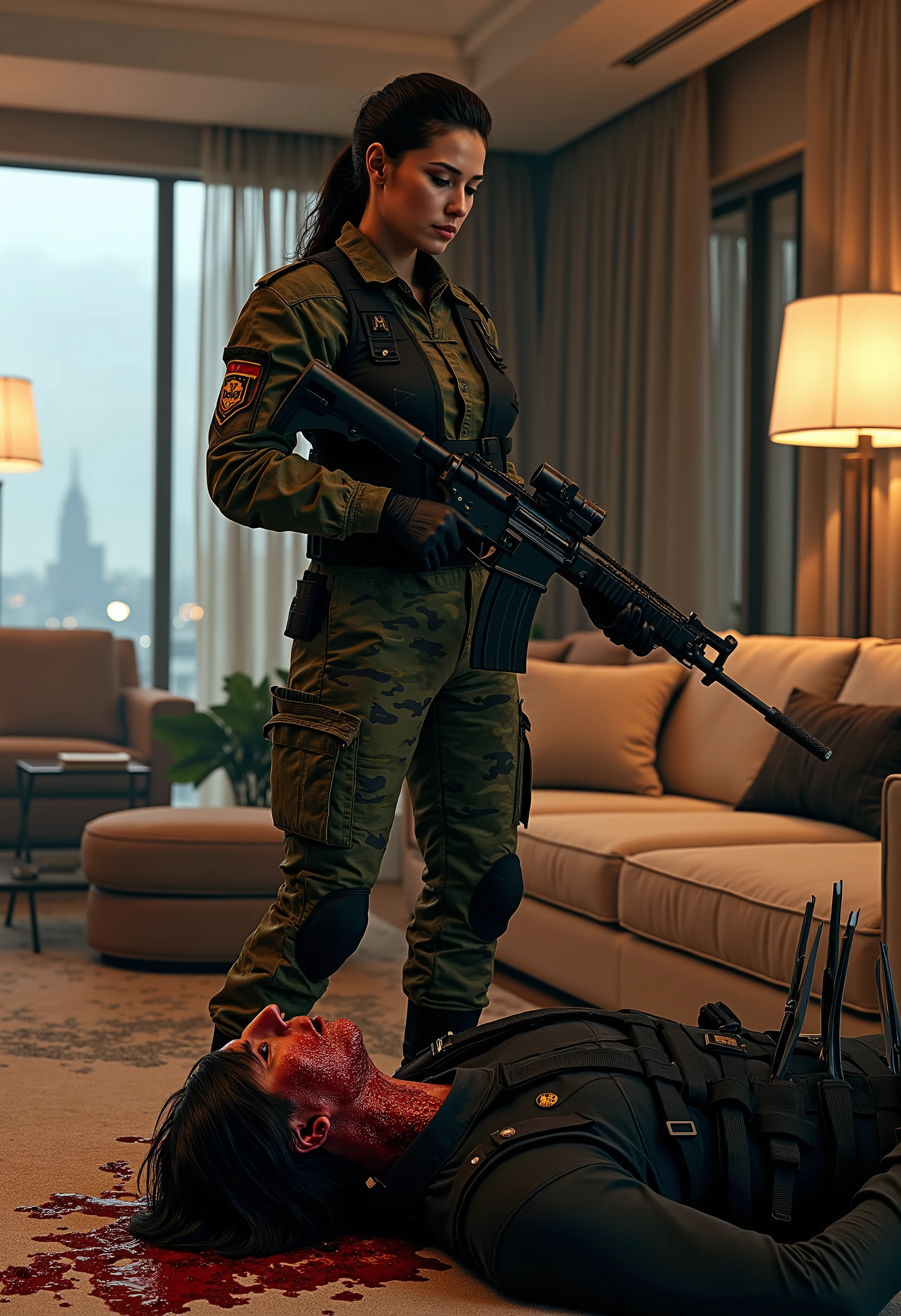 hight quality, Realistic, very cute beautiful girl, male full face mask, male die, male neck slashed, male neck bloody splash, several long knife stuck into male neck, male ninja, deadly girl, girl delta force,girl Camuflase delta force, Penthouses