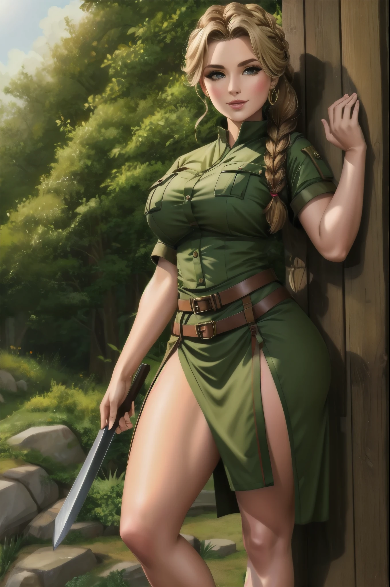 Blonde girl with short hair, blue eyes, with a huge blade, wearing a very short and tight Sugarcane green dress, showing her body and showing her thighs, cleavage showing her breasts