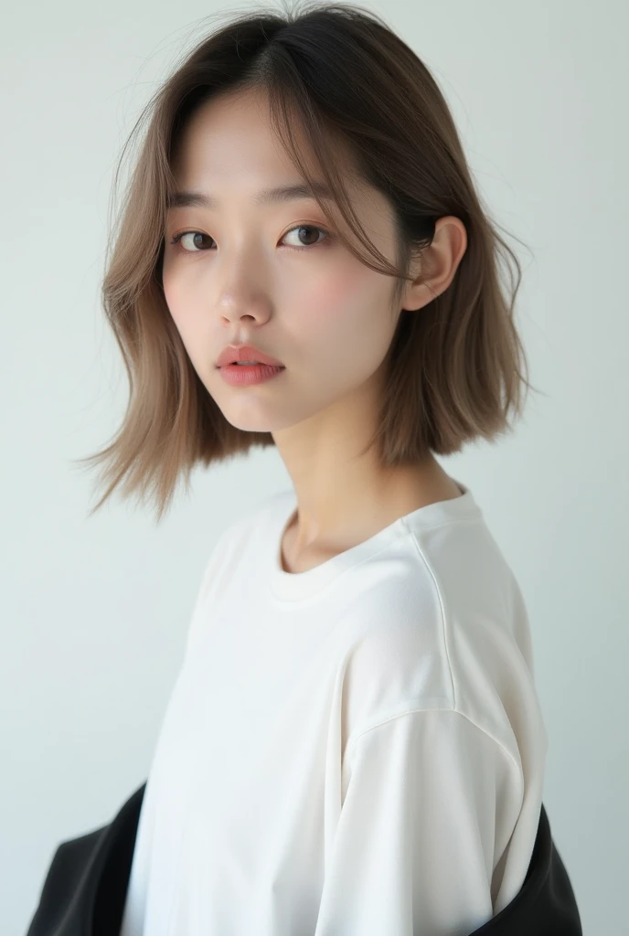 Give me the image of a Girl model which is looks like a real girl , make sure the looks does not show cartoon type look make sure a real girl model pic you made and Make sure she wear A pure white t shirt , Make sure Same model gives 6 poses in the same white t shirt and make sure the poses with different angles