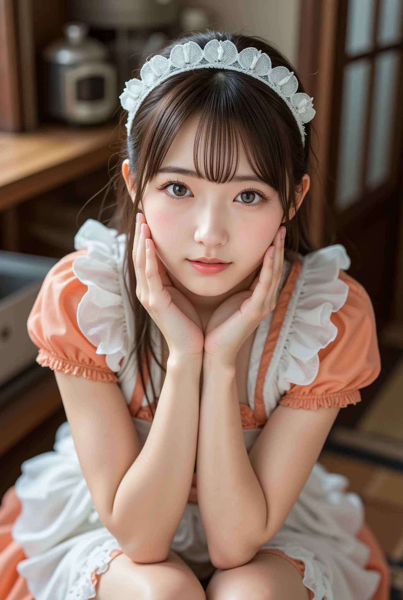 『 1 girl:1.3』 top quality:1.2、(( Big Breasts ))、 Slightly Visible Cleavage 、(( young woman))、(( has red cheeks))(( laughing))、((( anatomically correct、 perfect anatomy、 anatomically correct指))) bust up shot 、( plump body)、( Masterpiece」:1.2,8k resolution, RAW photos , top quality, ), High-definition color photos, professional photos , (reality, Realistic Pictures:1.37), ((whole body photo, whole body)), ( Beautiful 30-year-old Korean adult woman ), Cinematic Light, ( beautiful face with double eyelids :1.5), (whole body photography), ( top quality:1.2), ((Large, striking eyes, Beautiful double eyelid eyes)), ( Close Her Mouth and Smile :1.2), ( watching viewers :1.2), (Crouching in front of the audience, Crouching to see her panties ), ( white panties), Panties Fully Visible , (Detailed metalic persimmon orange and white maid outfit :1.2), Long Beautiful Legs ,Big Breasts,( Beautiful face brightly illuminated by natural light), Show the viewer her crotch , Make Eyes with the Audience , Shooting in the kitchen, Posing with her hands on her cheeks , Seaweed