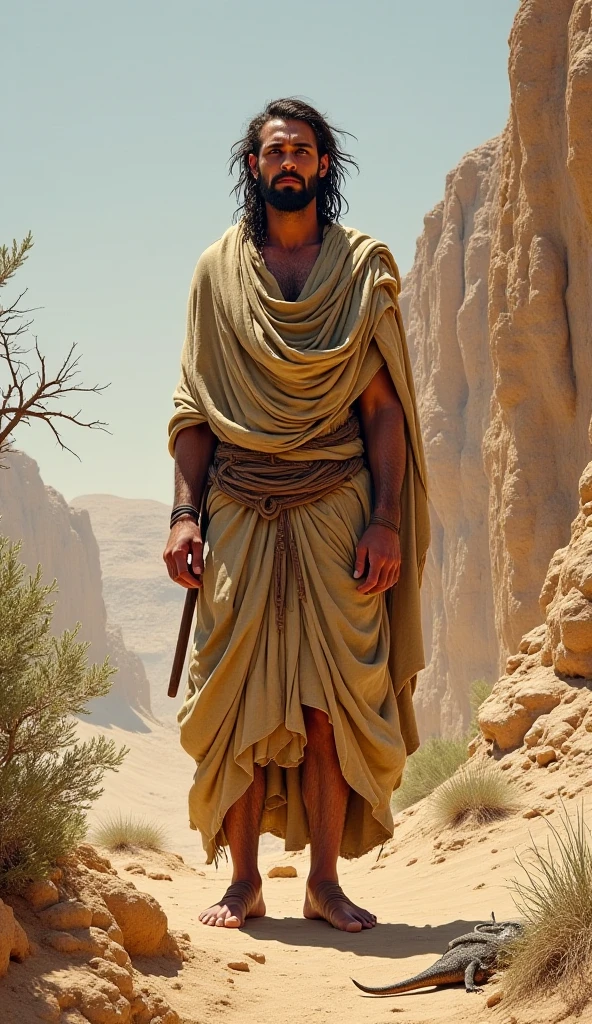 Here is the hyper-realistic 8k cover image capturing John the Baptist as a powerful symbol of faith and courage, set in a desert with the Jordan River in the background and the divine scene of Jesus' baptism. The dramatic and luminous colors emphasize the awe surrounding his figure.