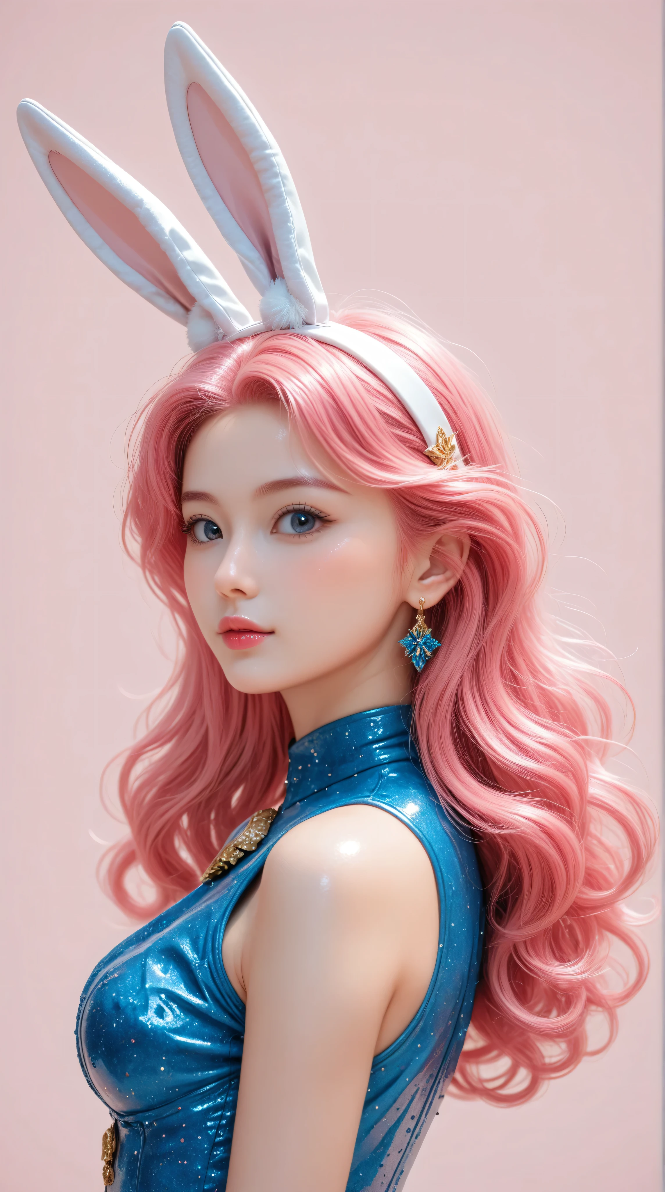 Kizi girl，Highly detailed, Amazing work，Vitreous luster,((clean backdrop))，In gold，(((pink)))，blues，Best quality at best，clean backdrop, shiny skin, ((best quality)), ((masterpiece)), (detailed), perfect anime, young korean bunnygirl, portrait, surreal, in the illustrative style of moebius, spaceships, aliens, fantasy, sci-fi, graphic novel, line drawing, french retro, extravagant, ornate, royal clothing, regal, aristocrat, colorful background, 