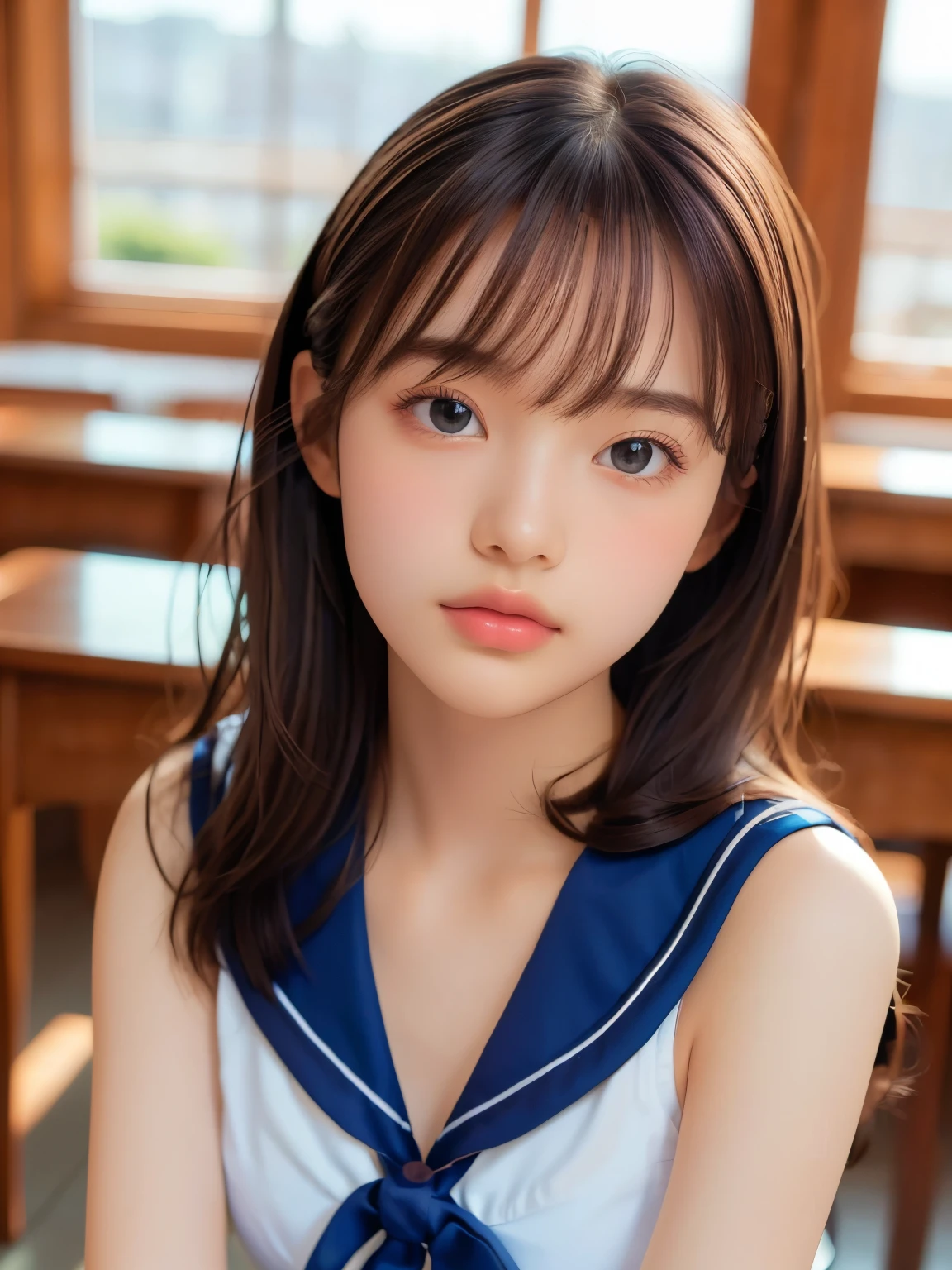 ((masterpiece, highest quality, High resolution)), 1 girl, (Realistic: 1.4), Beautiful face, Beautiful Hair, Beautiful eyes, Glowing Skin, , Sailor suit, classroom, Sit on a desk, Side angle, sunshine, Backlight, Professional photographer photography