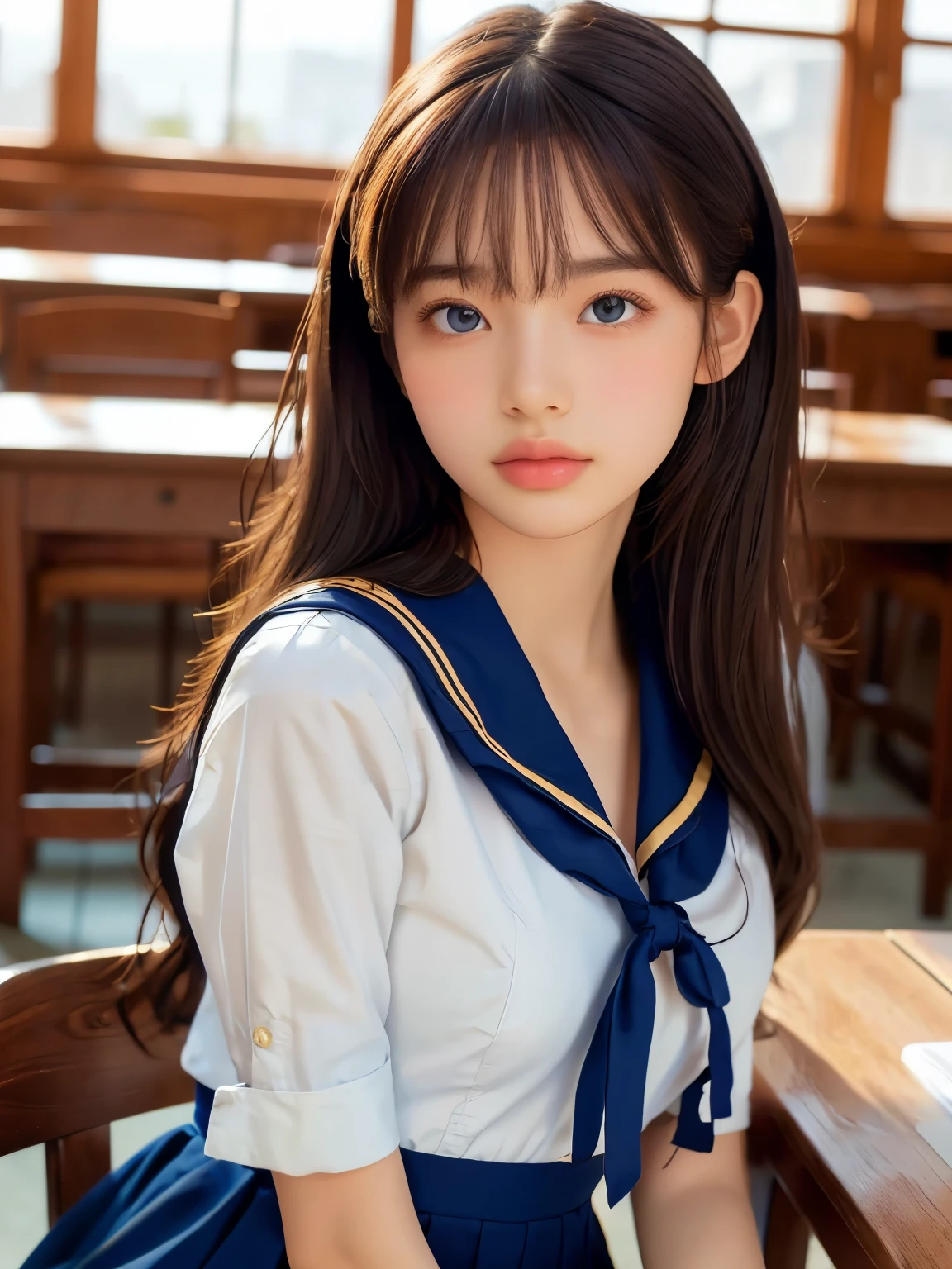 ((masterpiece, highest quality, High resolution)), 1 girl, (Realistic: 1.4), Beautiful face, Beautiful Hair, Beautiful eyes, Glowing Skin, , Sailor suit, classroom, Sit on a desk, Side angle, sunshine, Backlight, Professional photographer photography