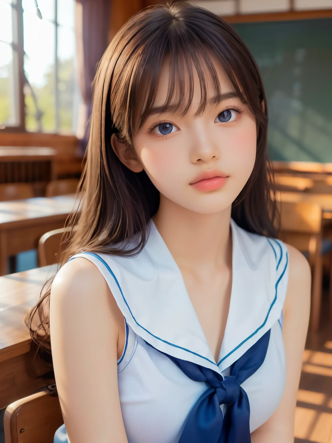 ((masterpiece, highest quality, High resolution)), 1 girl, (Realistic: 1.4), Beautiful face, Beautiful Hair, Beautiful eyes, Glowing Skin, , Sailor suit, classroom, Sit on a desk, Side angle, sunshine, Backlight, Professional photographer photography