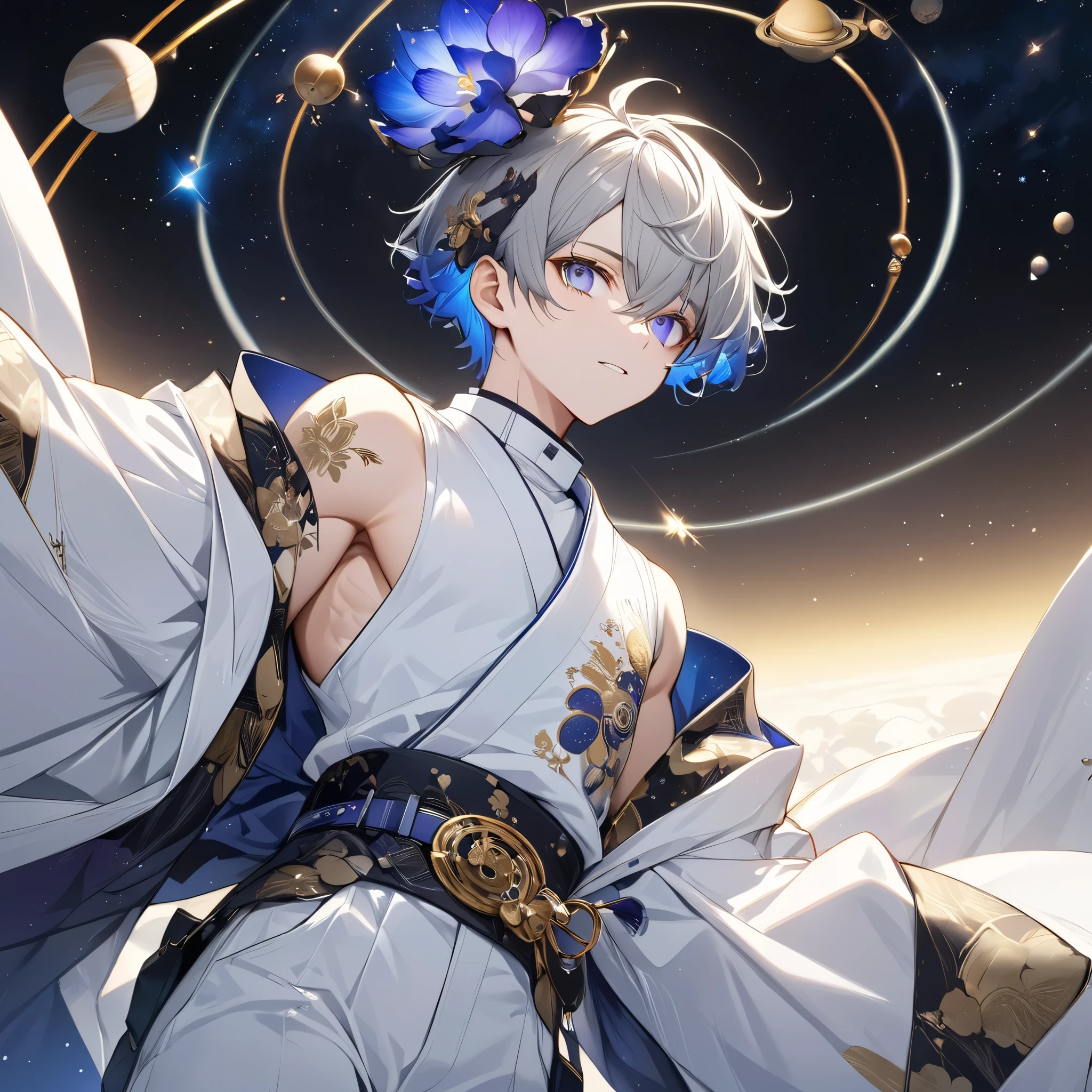 fresh illustration ,
Superfine painting,
very delicate illustration ,
Very fine details ,
Picture of only one boy ,
Height: 158cm,
white skin,
complete iris heterochromia where the right iris is blue and the left iris is purple,
beautiful eyes,
large black pupils ,
short hair,
Gray Hair,
hair roots are bluish ,
The hair has gradation ,
shiny hair with makeup,
Beautiful and cute face,
since age 27,
A small shiny rear wheel is on top of the head ,
raised eyebrows ,
and is wearing a kimono on the upper body in kimono,
Masculine physique,
Six Pack,
Super Skinny,
No boobs,
The color of the belt is black ,
Overall white clothes ,
The design is tastefully embroidered with gold thread,
fine fabric clothing ,
Isometric,
Golden Ratio,
god々 like atmosphere,
The undershirt is indigo-colored with a stand-up collar,
outer space ,
Milky Way,
Little Star々 upper body ,
tactical use of shadows ,
The ring on the head does not extend beyond the angle of view,
Hair doesn't stick out of the angle of view ,
Bust Shots,