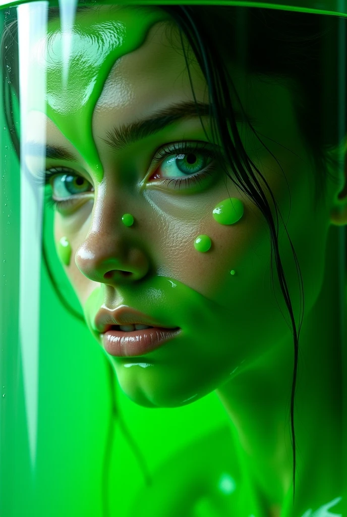 artistic rendering of a young woman figure with a geometric, pixelated effect, her face an array of monochromatic squares faintly resembling human features, accentuate with bold, vibrant green palette colors against a plain background to highlight the contrast between the subject and his abstract form, photorealistic, UHD, 