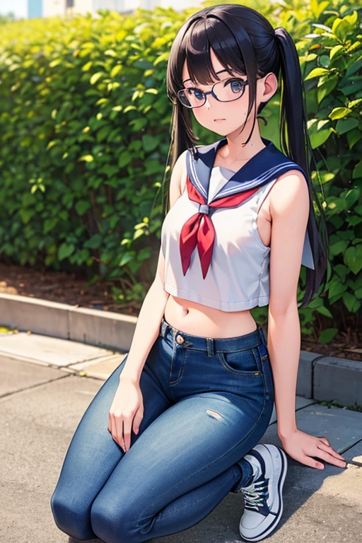 masterpiece, Highest quality, Earrings, , Sailor suit, skirt, Black Hair, Small breasts, , Upper Body, hot, sweating, Sitting, ponytail, looking at the camera, Ocean, Look forward, Spread your legs, anger, Show your crotch, Wear glasses