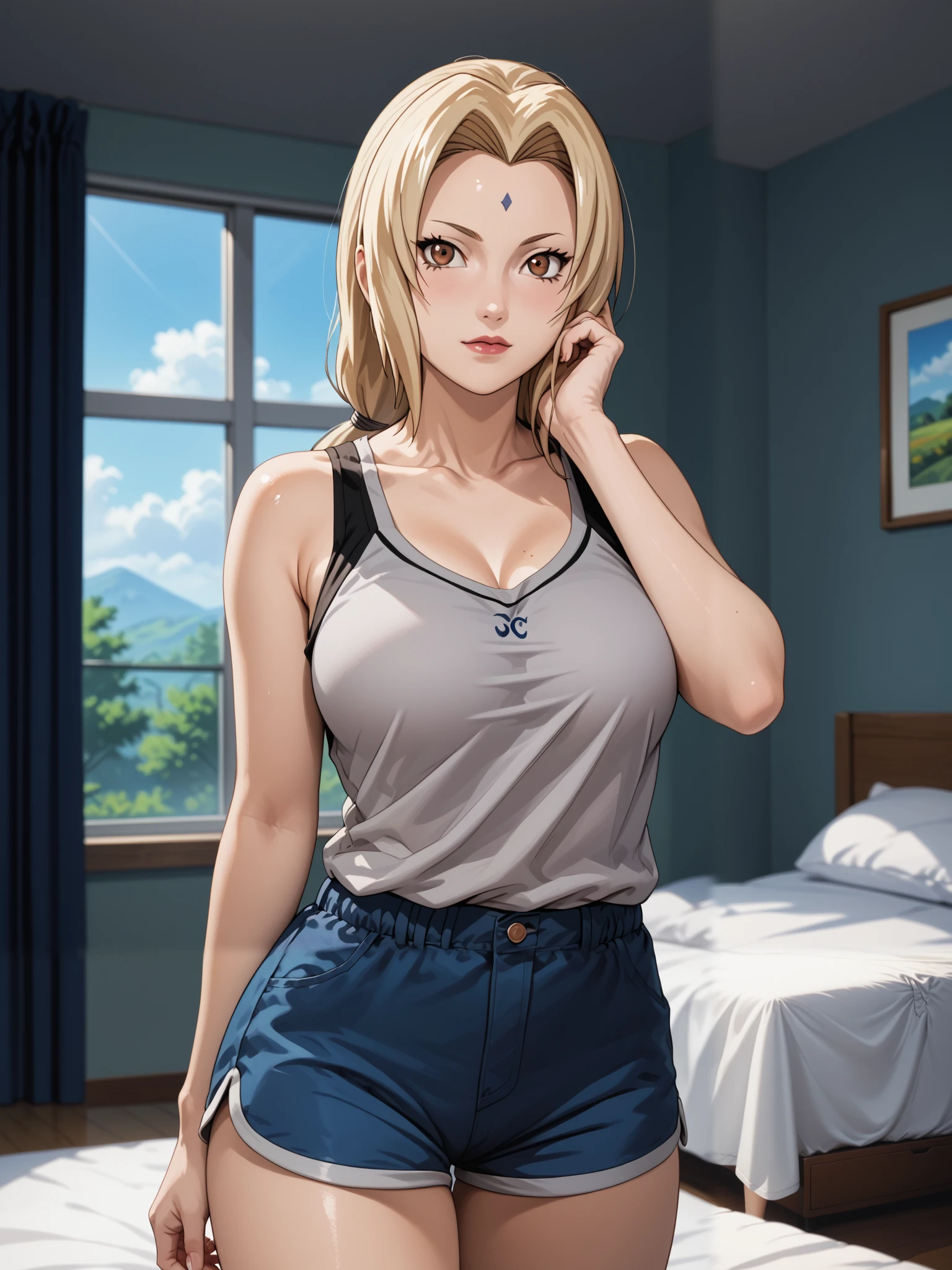 Masterpiece, extremely detailed,4k,solo, 1girl, tsunade, beauty anime face, Brown eyes, full body, stand up, hand touch cheek,perfect slim body , bright body skin, thin lips,perfect slim body, very large breasts,white tanktop,((shorts)), Front look, bed room, sunlight on the windows, cowboy shot, bokeh, photograph, little noise, shining, shimering, splendid
