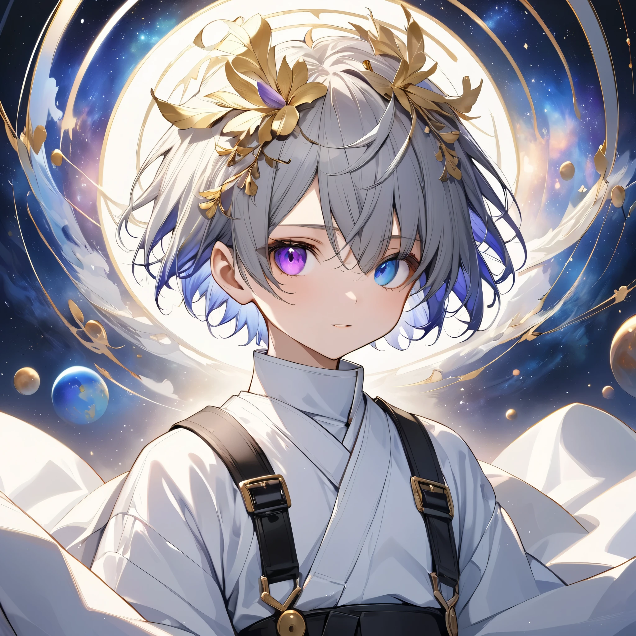  fresh illustration ,
Superfine painting,
 very delicate illustration ,
 Very fine details ,
Picture of only one boy ,
Height: 158cm,
 white skin,
complete iris heterochromia where the right iris is blue and the left iris is purple,
 beautiful eyes,
 large black pupils ,
 short hair,
Gray Hair,
 hair roots are bluish ,
 The hair has gradation ,
 shiny hair with makeup,
Beautiful and cute face,
 since age 27,
 A small shiny rear wheel is on top of the head ,
 raised eyebrows ,
 and is wearing a kimono on the upper body in kimono,
Masculine physique,
 Six Pack,
 Super Skinny,
No boobs,
The color of the belt is black ,
Overall white clothes ,
 The design is tastefully embroidered with gold thread,
 fine fabric clothing ,
Isometric,
Golden Ratio,
god々 like atmosphere,
 The undershirt is indigo-colored with a stand-up collar,
 outer space ,
Milky Way,
Little Star々 upper body ,
 tactical use of shadows ,
 The ring on the head does not extend beyond the angle of view,
Hair doesn't stick out of the angle of view ,
 Bust Shots,