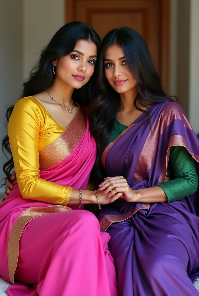 two women in colorful saris standing on a staircase way, india,highly detailed face, realistic eyes, eye cintact, cute smile, laughing hard, trending perfact cute face,30 year, sari, draped in silky purple and gold, draped in purple and gold silk, green magenta and gold, wearing a sari, wearing sari, colourful, with beautiful colors, hindu, flowing aqua silk, beautiful look, festival of rich colors, mid shot portrait, cyan and gold scheme