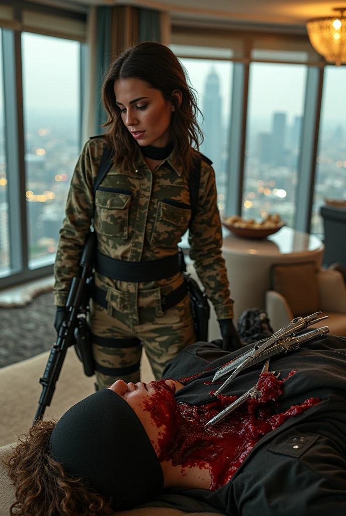 hight quality, Realistic, very cute beautiful girl, male full face mask, male die, male neck slashed, male neck bloody splash, several long knife stuck into male neck, male ninja, deadly girl, girl delta force,girl Camuflase delta force, Penthouses