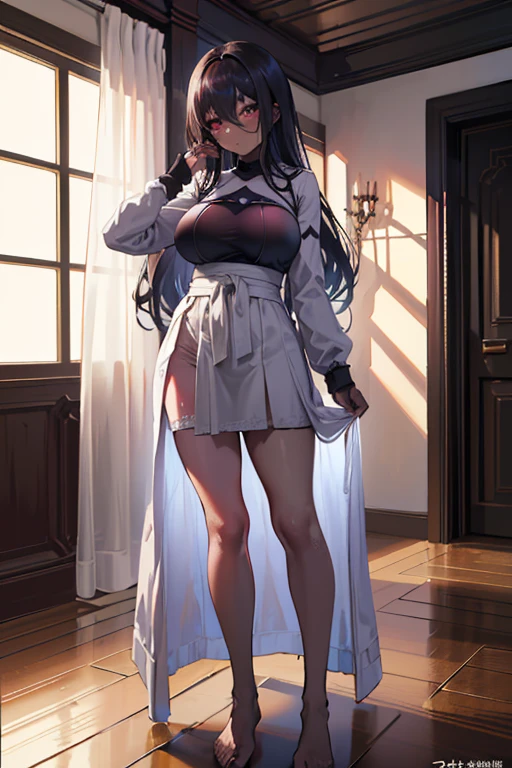 yorbriar, yor briar, black hair, (red eyes:1.5), earrings, gold hairband, hairband, long hair, sidelocks, (medium breasts:1.2), BREAK bare shoulders, collarbone, silk bathrobe,wet, thighs, fishnet,fishnet stockings, stocking suspenders, BREAK outdoors,room,night, soft lights, BREAK looking at viewer, BREAK (masterpiece:1.2), best quality, high resolution, unity 8k wallpaper, (illustration:0.8), (beautiful detailed eyes:1.6), extremely detailed face, perfect lighting, extremely detailed CG, (perfect hands, perfect anatomy),full body shot,standing in room