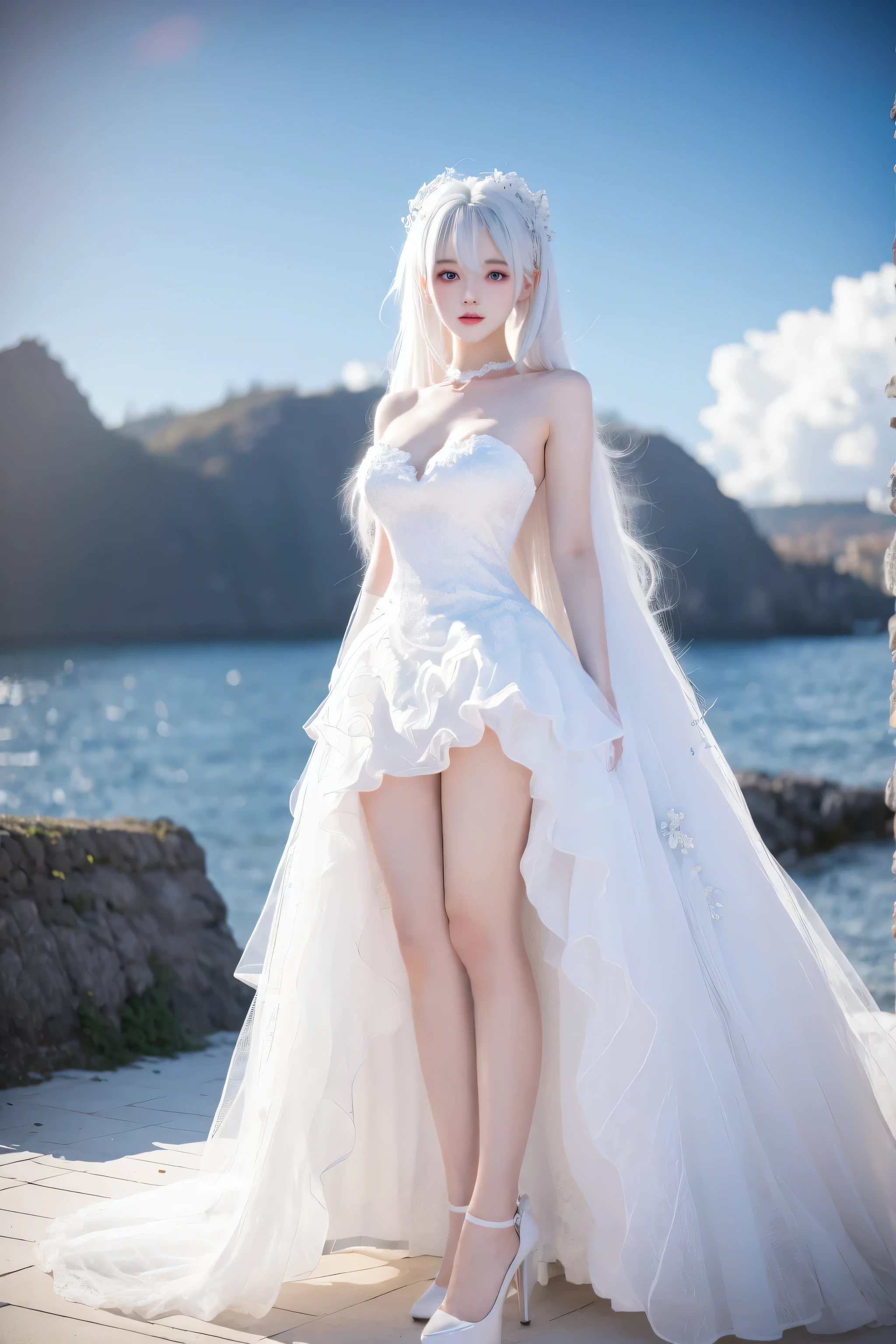 Masterpiece, Top Quality, Ultra Detail, Illustration, Up Close, Full Body, (Topless), Breasts, (1girl), Long White Hair, Golden Eyes, Long Hair, (Hello), Detailed Clouds, Detailed Sky, Angel Wings, Arrogant Look, Look Viewer, Standing, Gorgeous Dress,Abs, (Sunshine, Rays, Movie Lighting), Fly, Hair Ornament, Jewelry, Earrings Angel, (Translucent White Dress), Smooth Skin, Face Lighting, Wind