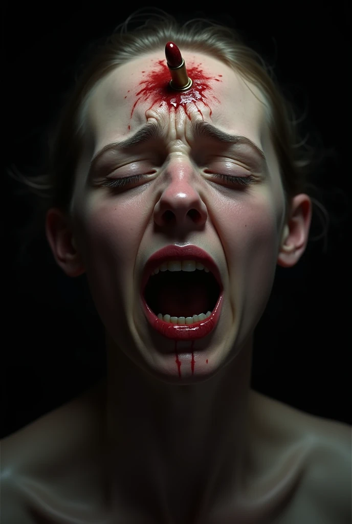 A beautiful girl with long blond hair and blue eyes. She's covered in blood. Her face shows pain and fear..