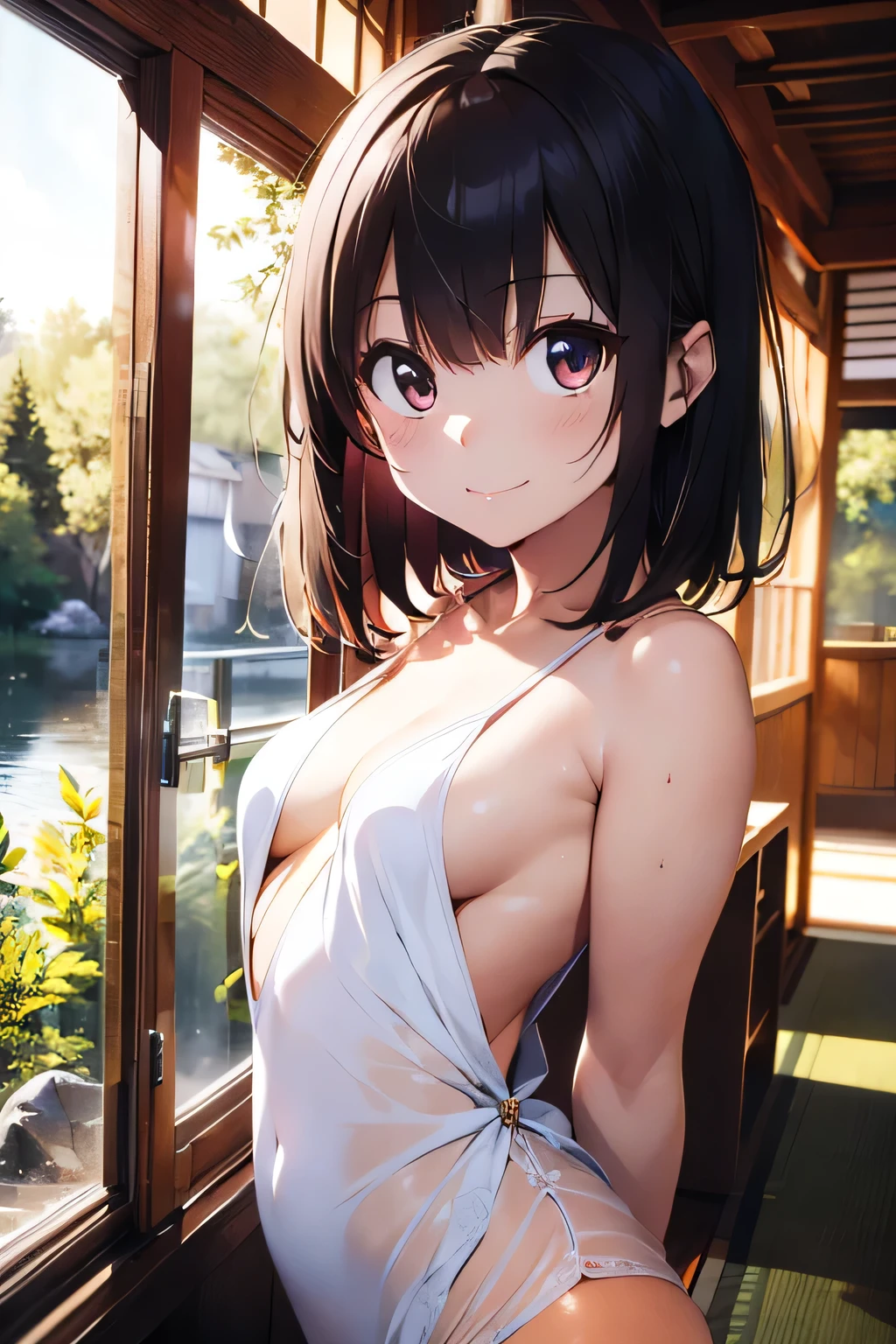 (extremely high quality artwork), (extremely detailed CG 8k), (masterpiece) ,(extremely cute girl), short, (innocent face), ((innocent smile)), shiny hair, (slim body), (small breasts), ((finely detailed beautiful eyes)), (eyes with brightness), look at viewer, ((nsfw)), ((japanese kimonos)), ((side boob)), ((no bra)), (((lower body is completely naked))), (((no panties))), beautiful skin, pale skin, shiny skin, (bright color), vibrant colors, natural light, (glare), outdoors, uninhabited forest,
