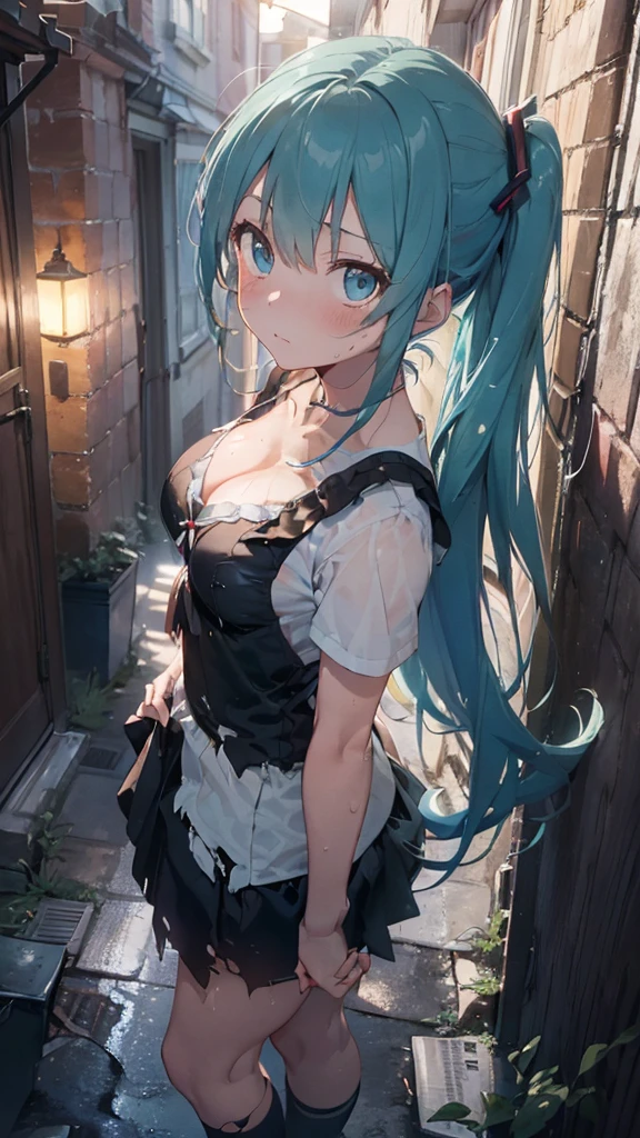 detailed illustration, close up, of a mature chubby woman, pretty face, miku_cinnamon, aqua bow,hair bun,double bun,aqua eyes,long sleeves,shirt,bare shoulders,short skirt,thighhighs,pleated skirt,frills,shoes,socks, blue bow,white footwear, sneakers, outside, outdoors, cinematic lighting, hires, volumetric lighting, highly detailed background, lights and shadows, backlit, masterpiece, <lora:add_detail:0.5> <lora:hairdetailer:0.5> <lora:kuronokurumu-nvwls-v1-000009:1.0>