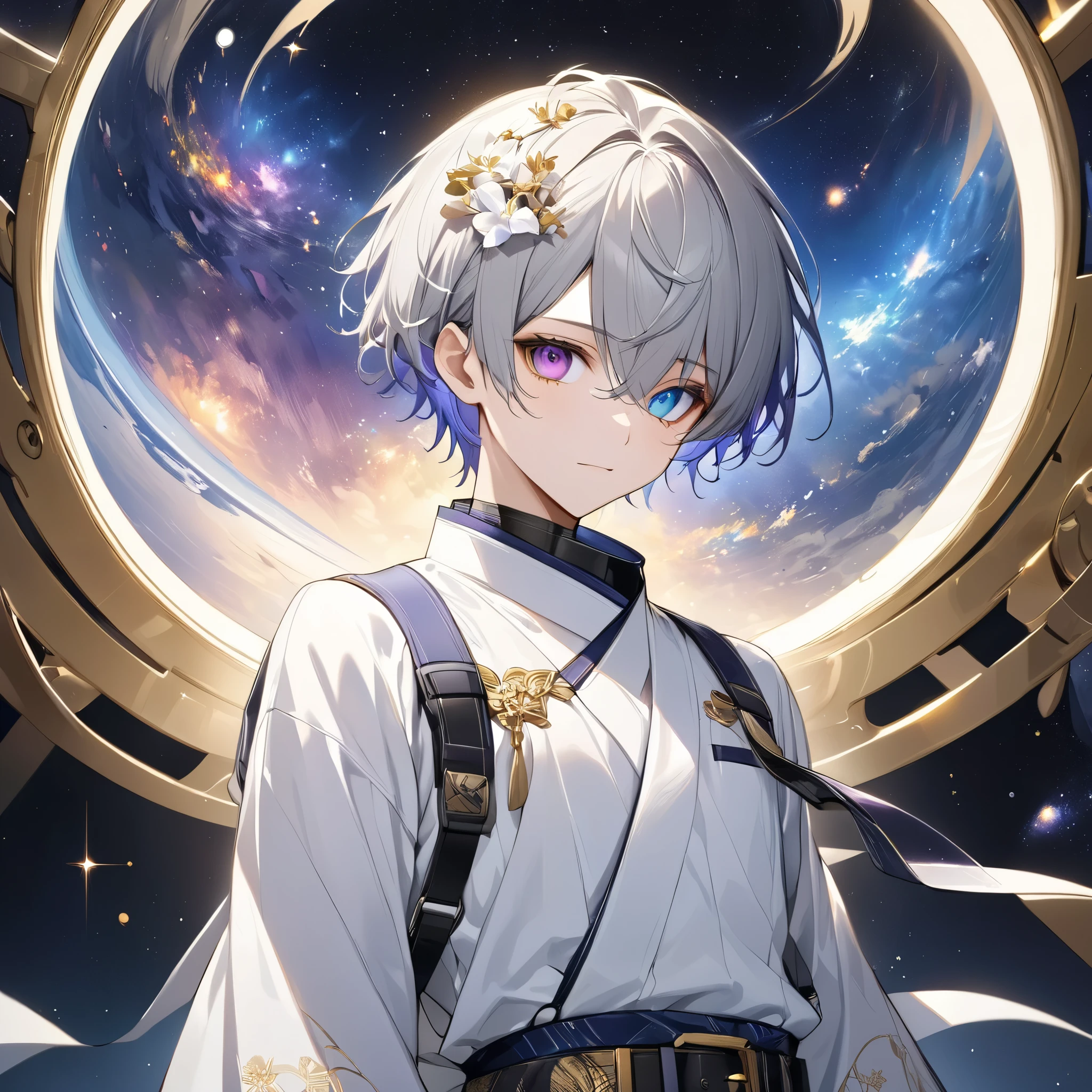 fresh illustration ,
Superfine painting,
very delicate illustration ,
Very fine details ,
Picture of only one boy ,
Height: 158cm,
white skin,
complete iris heterochromia where the right iris is blue and the left iris is purple,
beautiful eyes,
large black pupils ,
short hair,
Gray Hair,
hair roots are bluish ,
The hair has gradation ,
shiny hair with makeup,
Beautiful and cute face,
since age 27,
A small shiny rear wheel is on top of the head ,
raised eyebrows ,
and is wearing a kimono on the upper body in kimono,
Masculine physique,
Six Pack,
Super Skinny,
No boobs,
The color of the belt is black ,
Overall white clothes ,
The design is tastefully embroidered with gold thread,
fine fabric clothing ,
Isometric,
Golden Ratio,
god々 like atmosphere,
The undershirt is indigo-colored with a stand-up collar,
outer space ,
Milky Way,
Little Star々 upper body ,
tactical use of shadows ,
The ring on the head does not extend beyond the angle of view,
Hair doesn't stick out of the angle of view ,
Bust Shots,