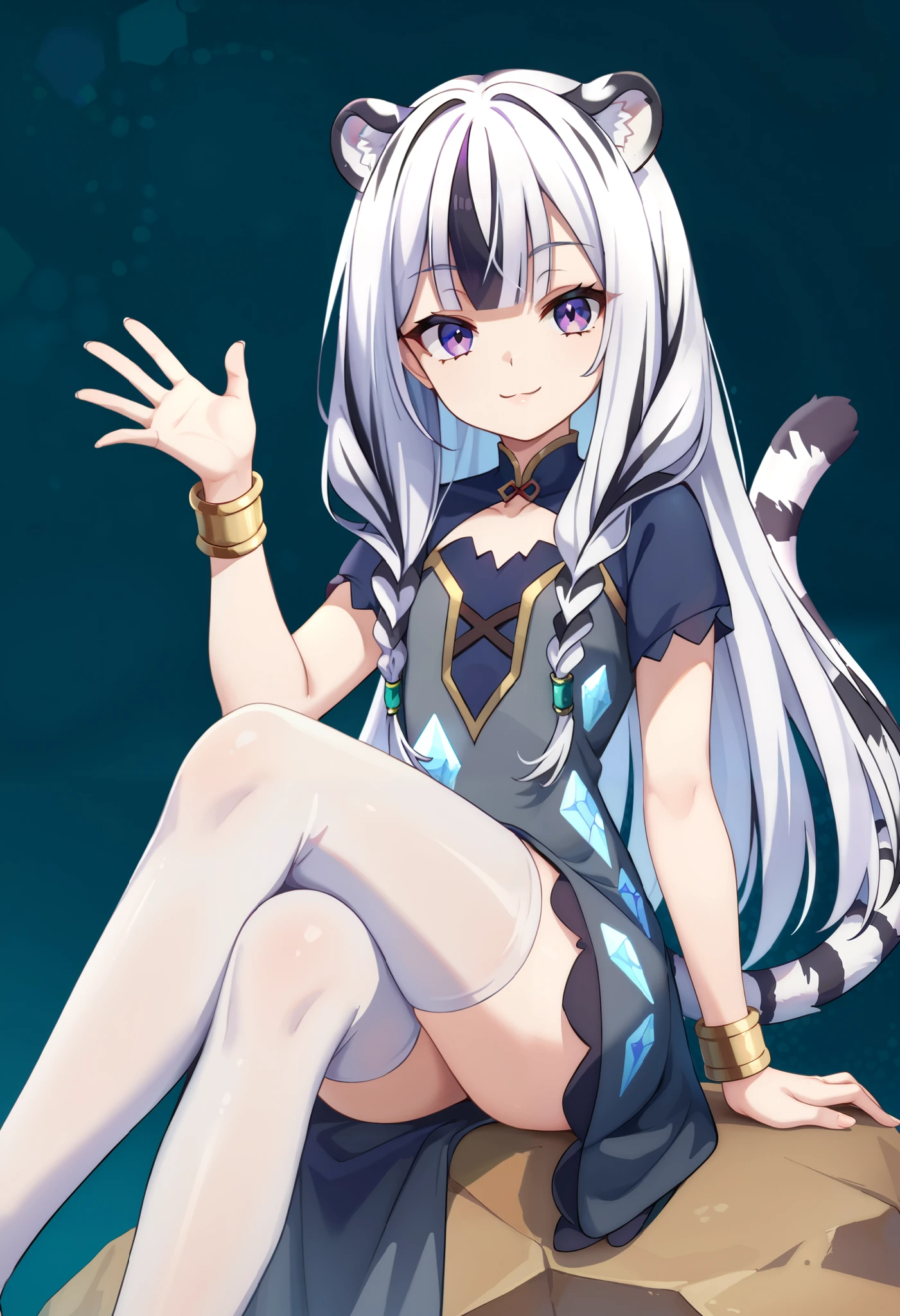 1girl, solo, long hair, white hair, black hair, multicolored hair, white tiger ears, white tiger tail, sitting, looking at viewer, purple dress, grey dress, multicolored dress, bracelets, purple eyes, half-lidded eyes, smile, crystal patterns, ((patterns on dress)), sitting on rock.