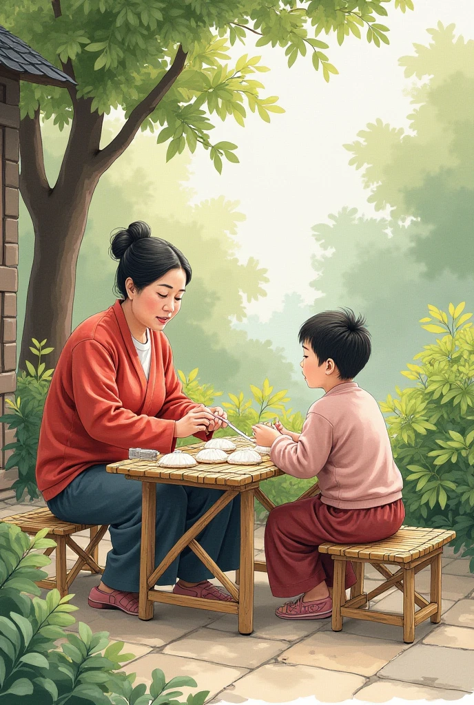 Boys and girls together to observe the hands of wormwood, Chinese style, ink style
