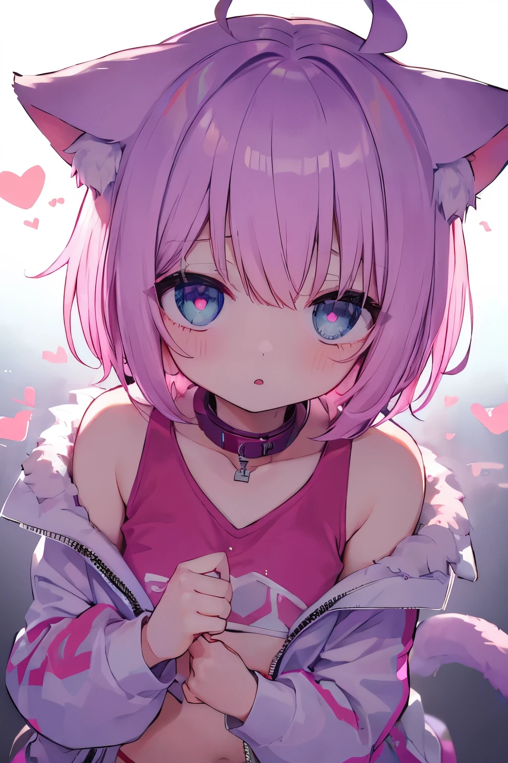   transparent pink short hair、  Oversized Jacket  、 panties  、  wear a collar 、   small breasts、 so beautiful、 Eyeliner 、(((((  ))))))、heart❤、((sweat、vapor)）,cat ears、