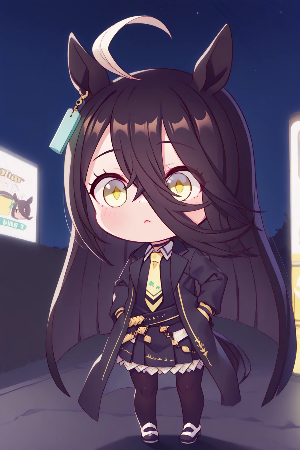 (  Highest Image Quality ),(  high resolution ),(  Uma Musume, Manhattan Cafe  ),(  black suit, yellow tie, black miniskirt standing in the diner, black tights )。(  chibi ),( whole body ),((  stargazing 、night、Gazing at the sky ))