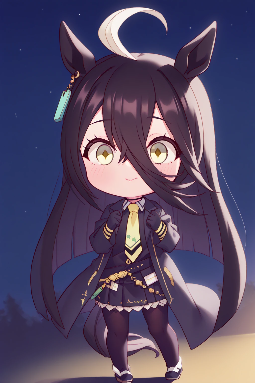 (  Highest Image Quality ),(  high resolution ),(  Uma Musume, Manhattan Cafe  ),(  black suit, yellow tie, black miniskirt standing in the diner, black tights )。(  chibi ),( whole body ),((  stargazing 、night、Gazing at the sky ))