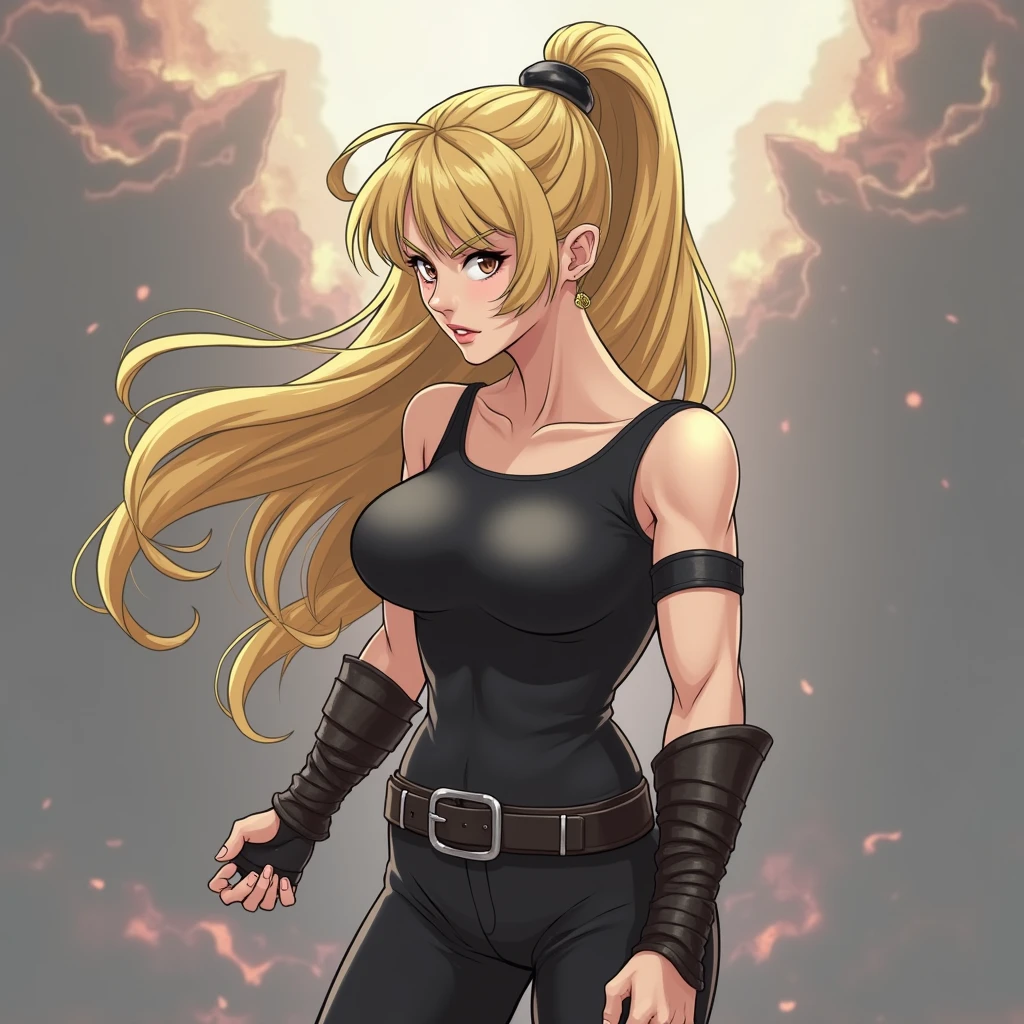 ((obra prima))、((Qualidade de imagem superior))、((qualidade superior))、(((Mulher musculosa))), sorriso louco, (Cabelos longos com cabelos loiros)、olhos azuis、((corpo longo))、(((Corpo musculoso e forte)))、((Abdominais Split))、(((Muscular and thick arms)))、(((coxas musculosas e grossas))), Marle Barrock, foto de corpo inteiro, flat feet, 1mulher, sozinha, Estilo anime de Dragon Ball, blonde hair, Estilo SSJ3, Goku super sayajin 3, sorriso louco, cabelos espetados, cabelo alto, Cabelos Super Super Longos, comprimento do cabelo cerca de 3 metros,,,,,、cabelo muito grosso、volume do cabelo muito longo, Cabelos mais longos que a altura, Beleza super bonita com cabelos loiros incrivelmente longos, Long blonde hair is a symbol of beauty, Hair that hasn't been cut in over 20 years, Vencedor do Concurso Mundial de Cabelos Longos, Braid too long, Ela tem cabelos super longos que cobrem todo o corpo, O maior cabelo loiro do mundo, Long blonde hair is silky, anime, olhos perfeitos, rosto perfeito, Marle Barrock, dark skinned female, bandaged arms, pernas enfaixadas, luvas de cotovelo, coxas, Tabard, Spy,  (pelvis curtain:1.4), cowboy shot, seios grande, perfect lighting, 4k extremamente detalhado
