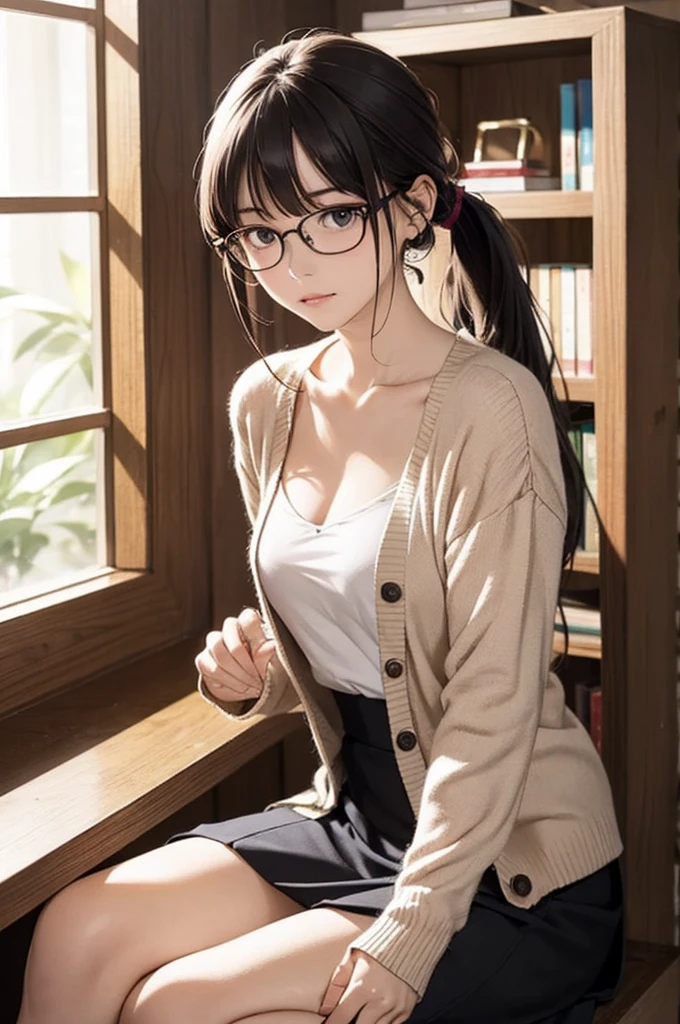 ((masterpiece,Highest quality;1.3,best illustration,realistic)),1woman、独奏,22 year old beauty,((very small head:1.1)),center parted bangs,forehead,black hair,long hair,black eyes,gorgeous eyes,Black-rimmed glasses、tears,Painful,Heavy breathing,medium breasts,((very long body)),((toned body,slender body,skinny)),gleaming skin,shiny skin,oily skin,(oversized blue cardigan,Dark blue pleated mini skirt)、White tank top、sitting,Endure the urge to urinate、Book、library、Tokyo、
