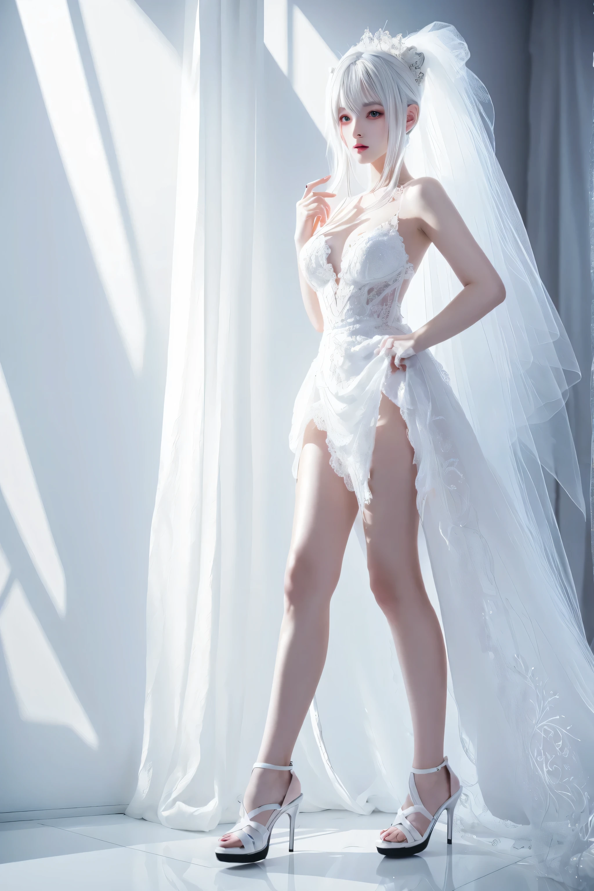 The beautiful and ruthless Snow Queen。 Slim body。 A gorgeous ice dress。Very small breasts。Long and narrow face。Pale skin。 Ice Palace、Ice Throne