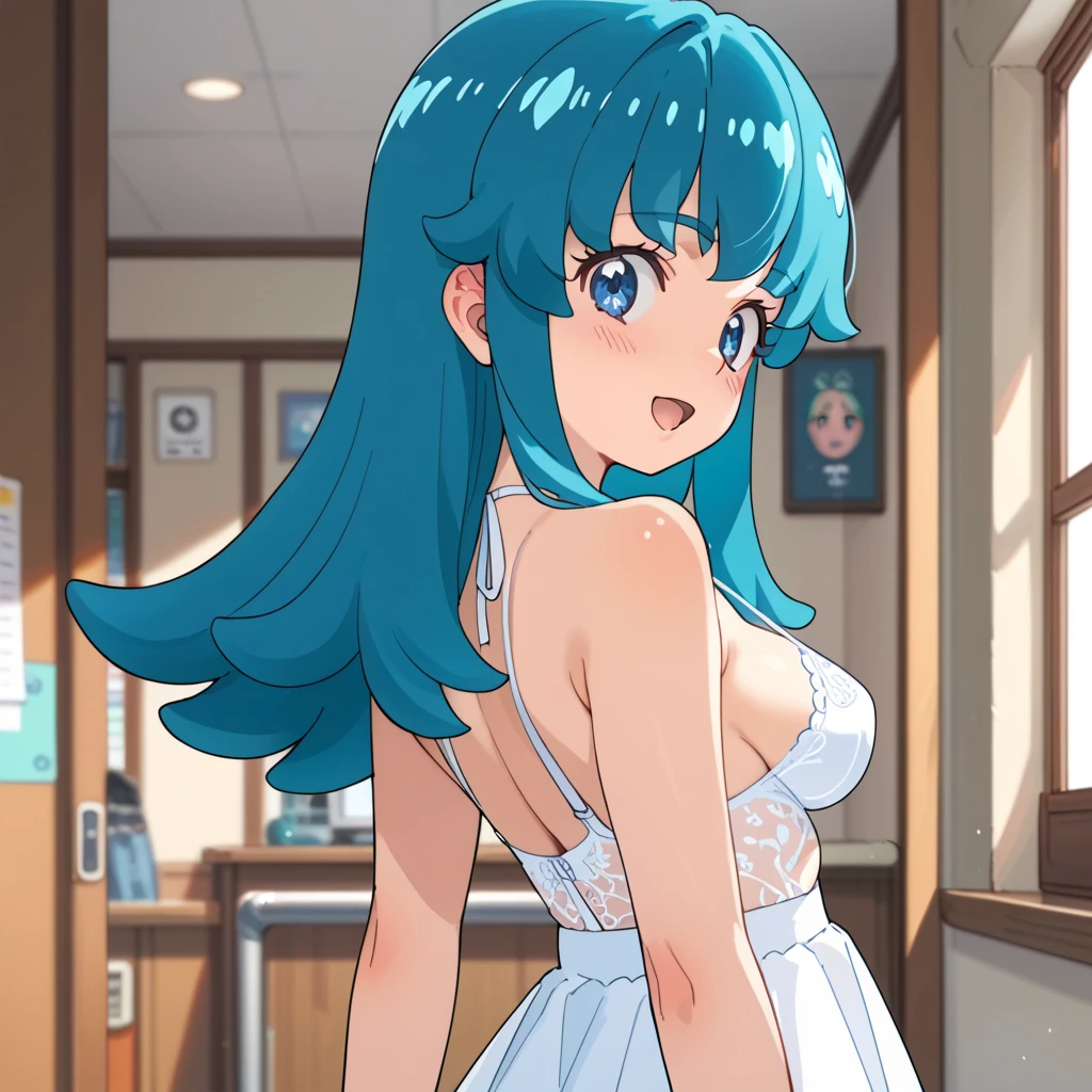 cel-shaded, 1990s anime, detailed, high quality, cinematic lighting, contrast, atmospheric, masterpiece, best quality, very aesthetic, absurdres, anime screencap, miku. 1girl, solo, red eyes, detailed eyes, blue hair, twintails, long twintails, hair ribbons, white crop top, thong, indoors, curvy body, big breasts, blush, smile, cowboy shot, standing, front view