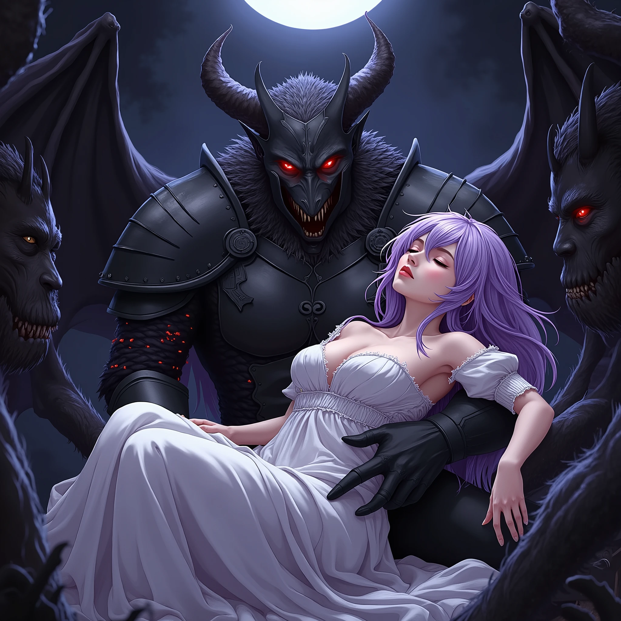 top quality、nsfw、Bondage、Japanese woman in slightly realistic anime style 、torture、  erotic  、penalty、  slave、limit、bondage、Sacrifice、Beautiful woman with long light purple hair 1 :5（  messy hair、 lying on the devil's arms1:5）、see-through and sexy white celtic dress(Small chest、Too much exposed skin、Torn and tattered、 off shoulder、sleeveless、 deep v-neck、Sideboob、 belly button out、 Long Skirt with a Deep Slit  )、失神し close eyes女( close eyes、Hang your head back、Limp and hang your arms )、 captured by a devil wearing luxurious black armor(Sharp red eyes、 big two horns、big、 hugging a lying woman with both arms 、 Princess Carrie)、 Black horrible monsters surround her、Black Sun、 darkness、 Different Worlds 、 dungeon、dark fantasy、Pitch Black Hell