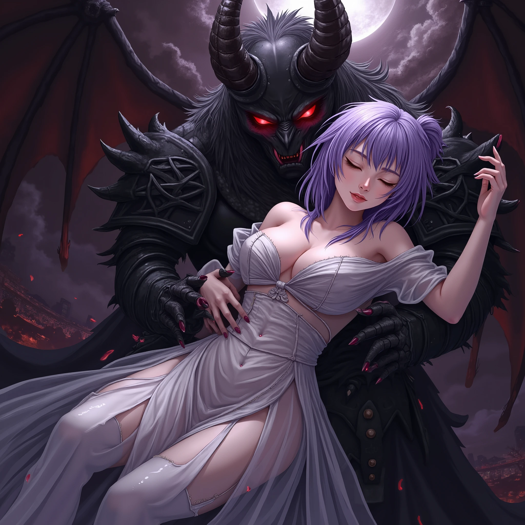 top quality、nsfw、Bondage、Japanese woman in slightly realistic anime style 、torture、 erotic 、penalty、 slave、limit、bondage、Sacrifice、Beautiful woman with long light purple hair 1 :5( messy hair、 lying on the devil's arms1:5)、see-through and sexy white celtic dress(Small chest、Too much exposed skin、Torn and tattered、 off shoulder、sleeveless、 deep v-neck、Sideboob、 belly button out、 Long Skirt with a Deep Slit )、失神し close eyes女( close eyes、Hang your head back、Limp and hang your arms )、 captured by a devil wearing luxurious black armor(Sharp red eyes、 big two horns、big、 hugging a lying woman with both arms 、 Princess Carrie)、 Black horrible monsters surround her、Black Sun、 darkness、 Different Worlds 、 dungeon、dark fantasy、Pitch Black Hell