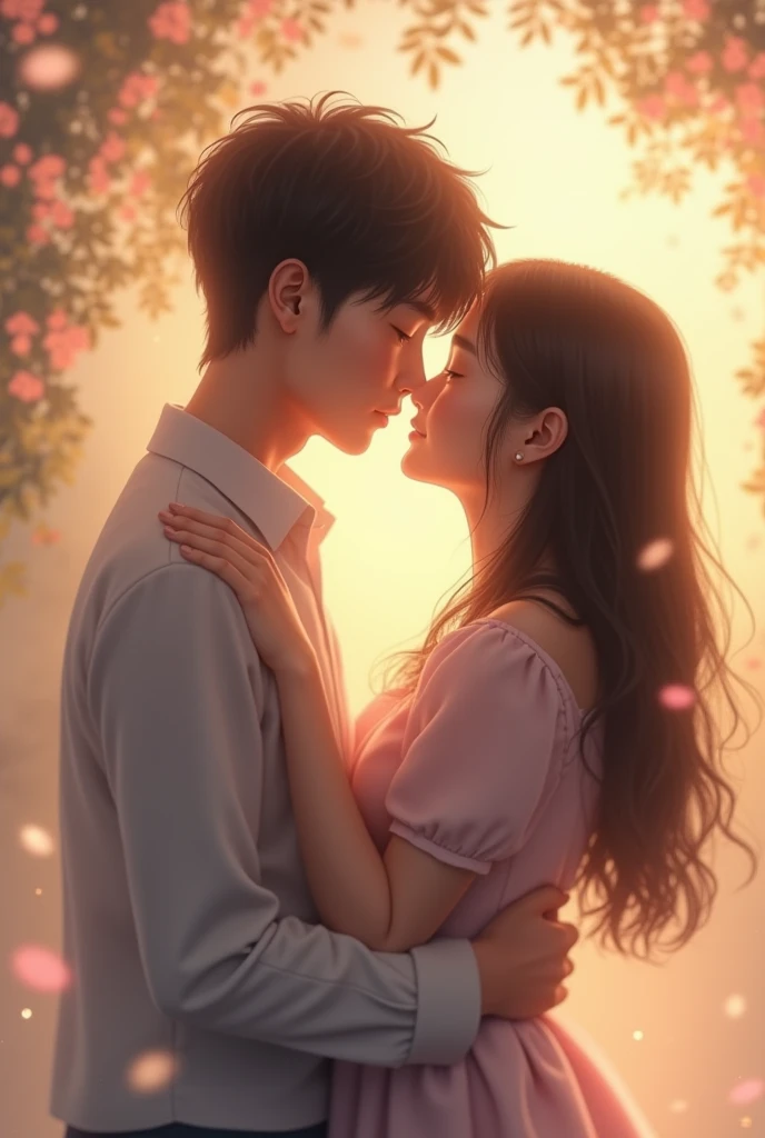 Create the cover for a love story of a boy and a girl both are Asian realistic