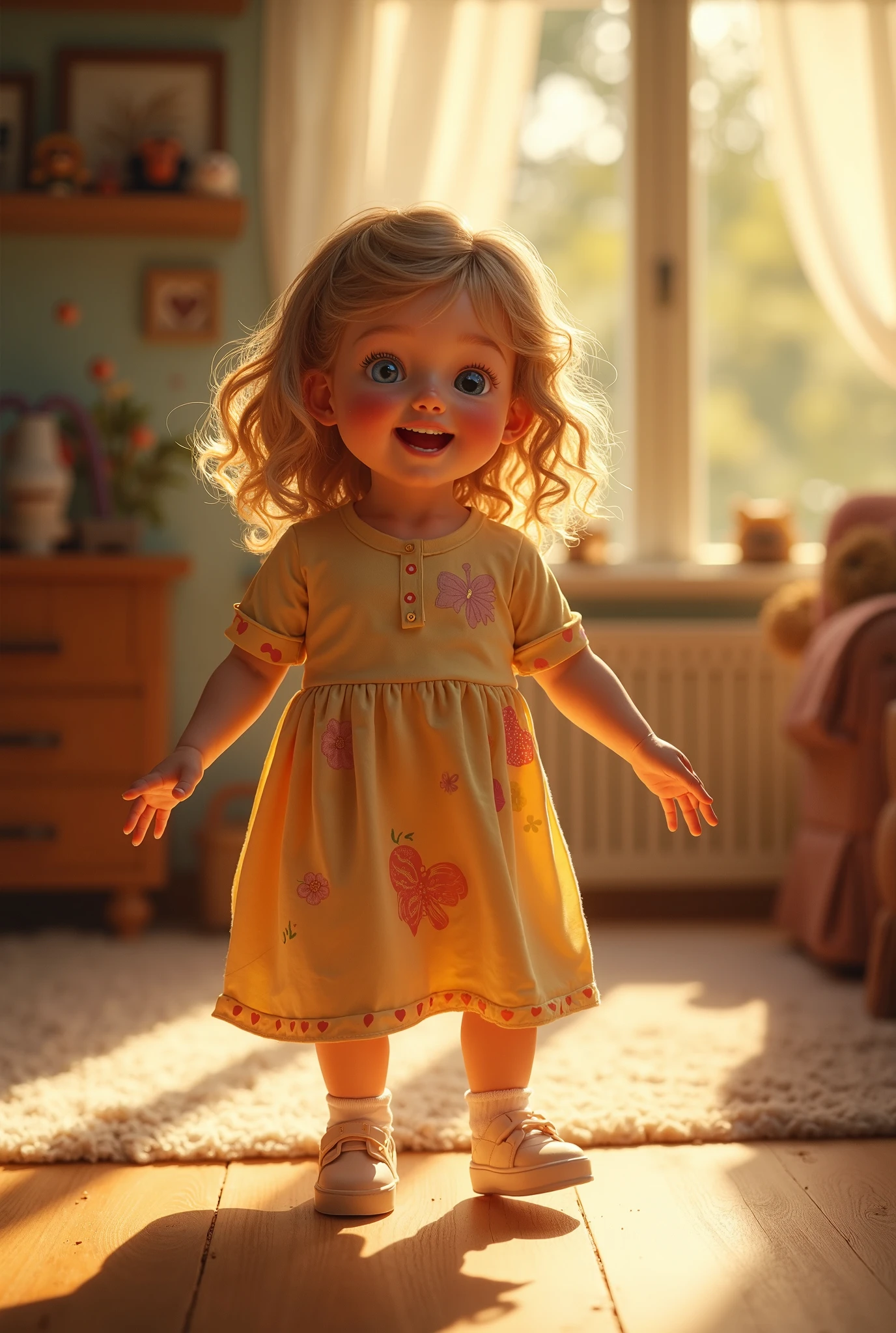 Create a UHD photorealistic image of a 20-month-old girl named Apolline, dancing joyfully in a brightly colored room. Captured with a 24mm f/1.8 lens to capture the vibrant colors and her joyful movement. Ensure exactly five fingers, no 3D style image, no animation style, no Pixar style animation.