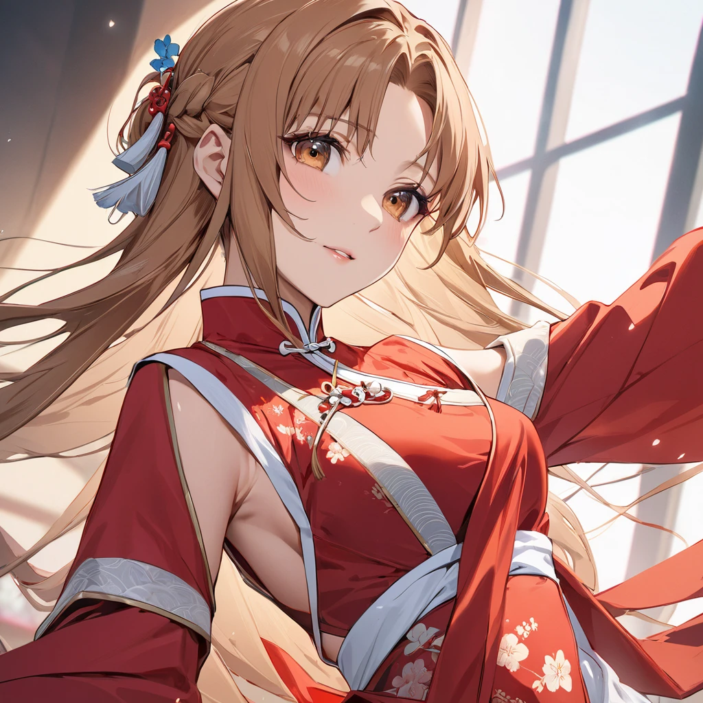 ((Highest quality)), ((masterpiece)), (detailed), （Perfect Face）、The woman is Yuuki Asuna, with her light brown, medium-long hair tied up in a bun. She is dressed in a gorgeous red Chinese dress with gold embroidery and trimmings, and is lavishly decorated with gorgeous accessories and an engagement ring.